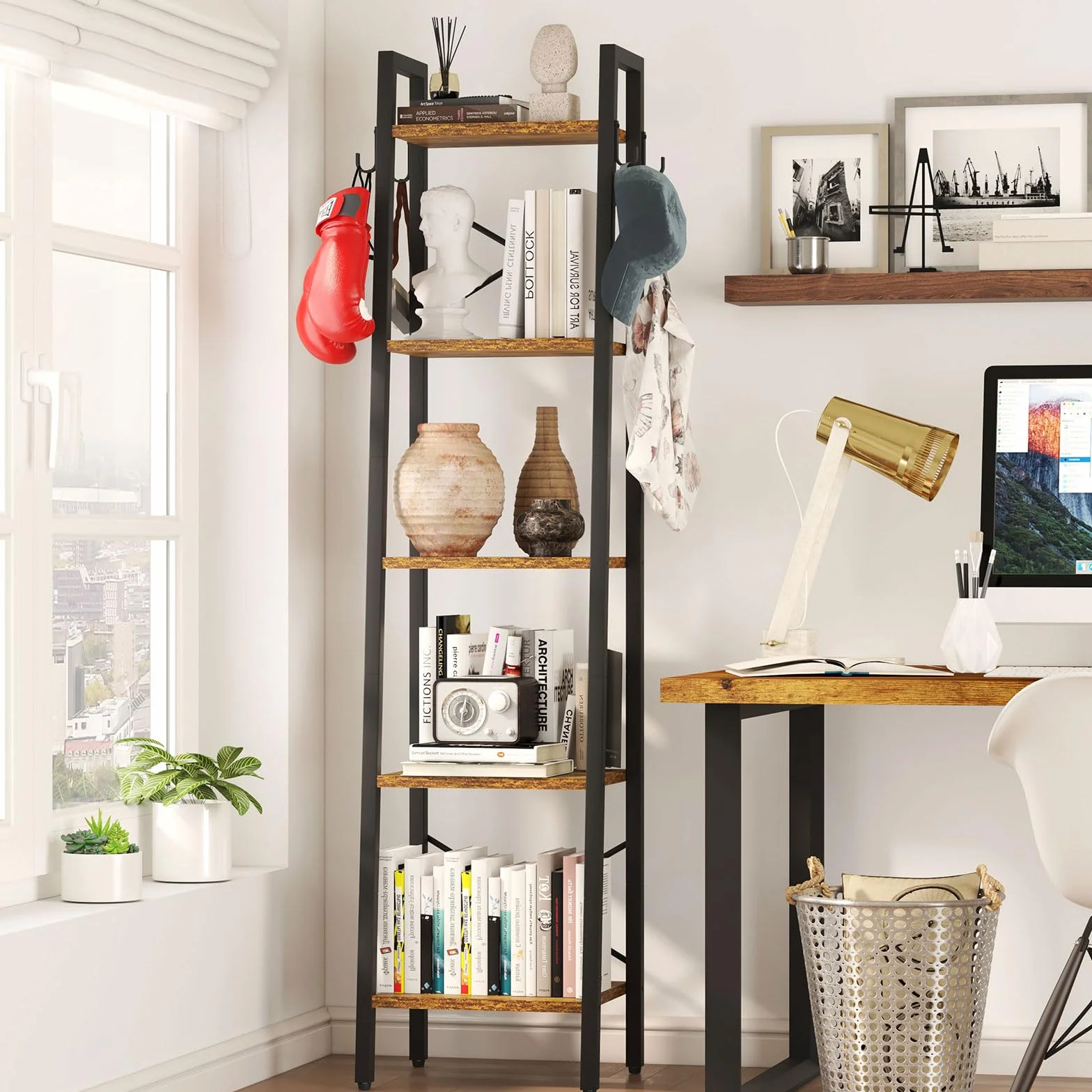 YMYNY 160CM Librería, Estantería de Escalera con 4 Ganchos, Estantería de 5 Niveles, para Salón Dormitorio Cocina Oficina en Casa, Estilo Industrial, Marco de Metálica, Marrón Rústico HBC025H