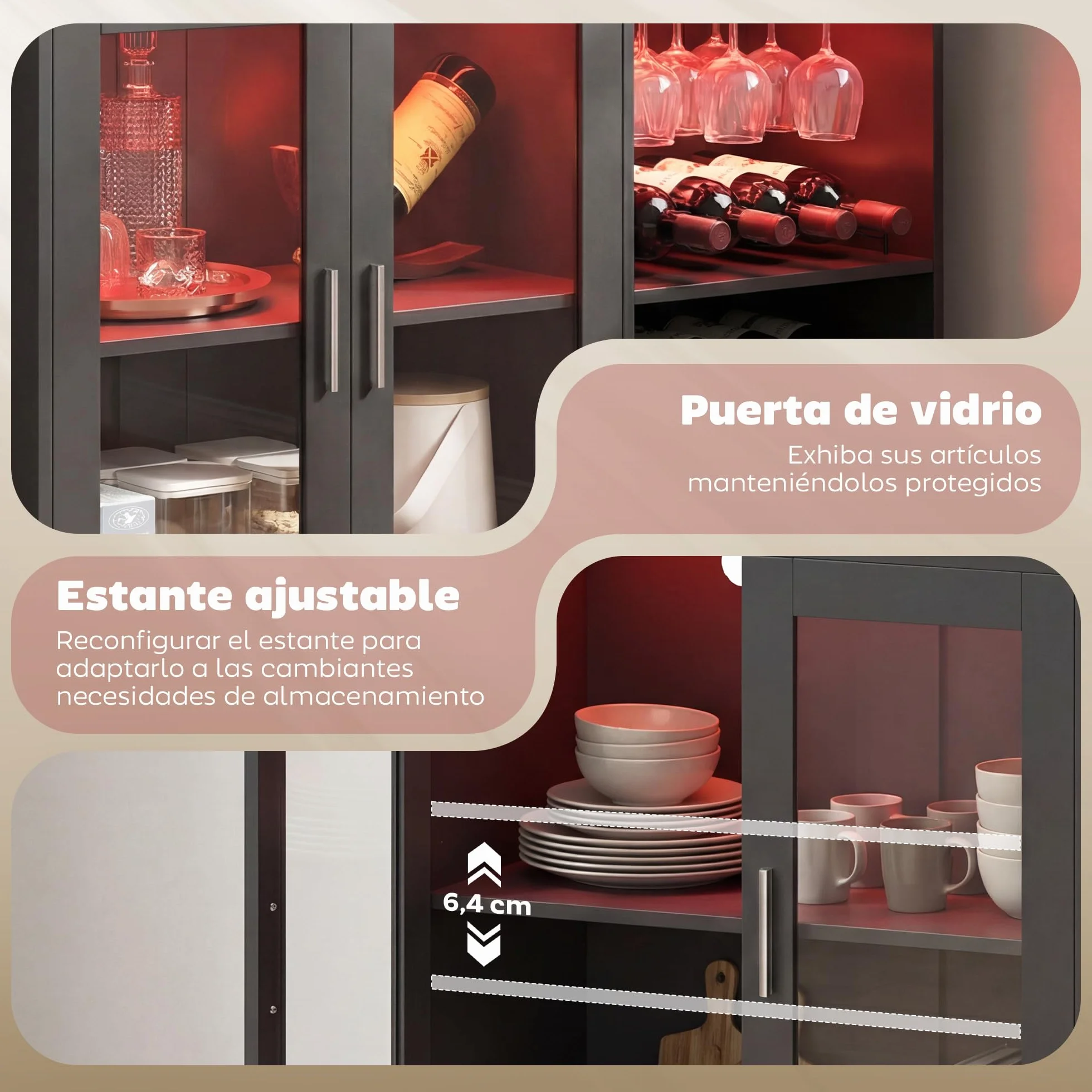HOMCOM Mueble de Bar, Armario Buffet para Vinos con Luces LED RGB y Botellero para 12 Botellas, Aparador de Cocina con Estante Ajustable y Puertas de Cierre Suave, para Comedor, Salón, Negro