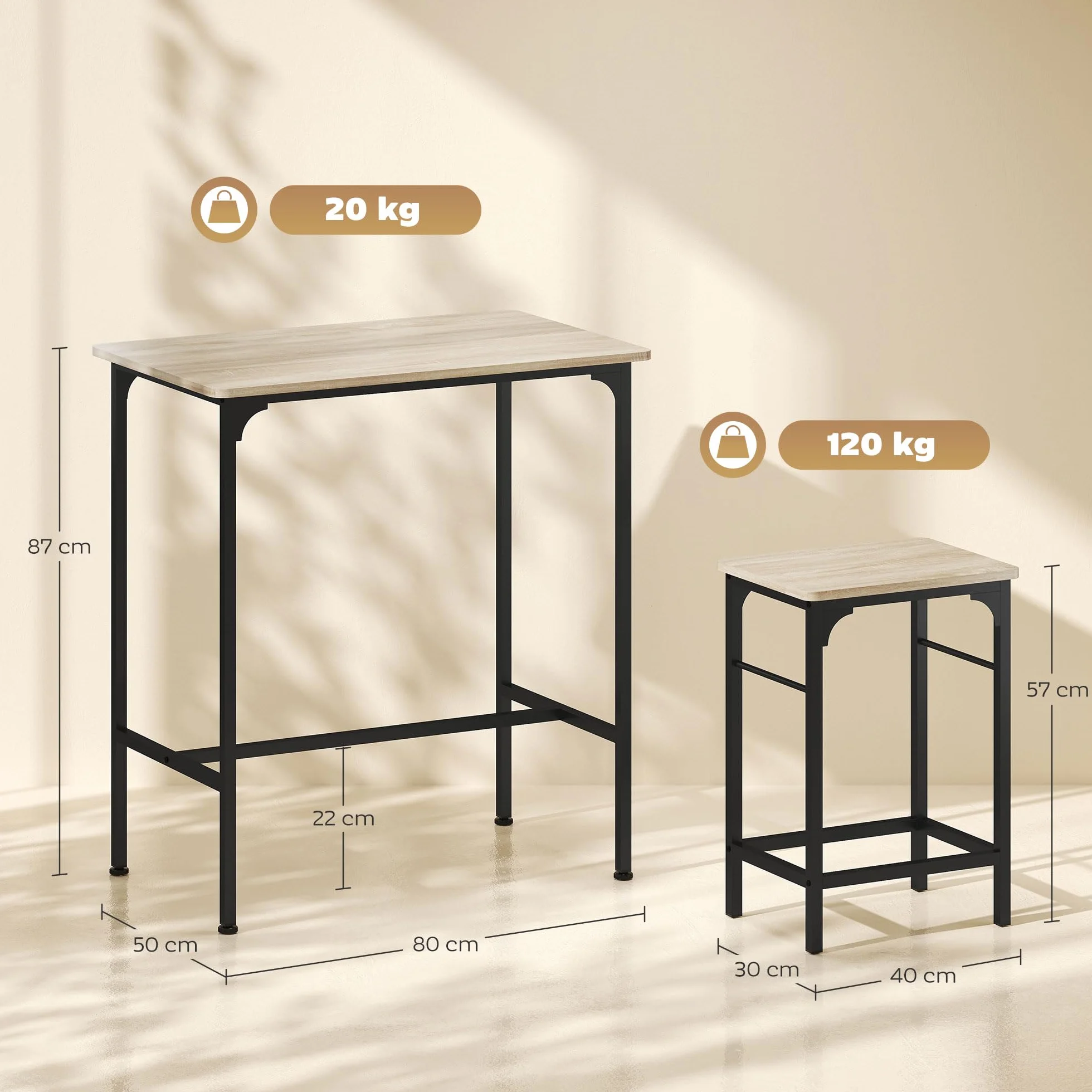 HOMCOM Conjunto de Mesa de Bar con 2 Taburetes, Marco de Acero, Efecto Madera Natural para Cocina y Comedor