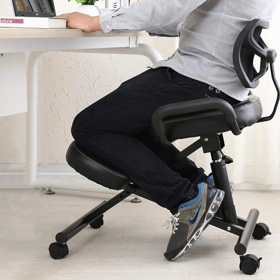 Ergonómico Silla De Rodillas, Gruesas Asiento Almohadilla con Asiento Trasero Ortopédico Manual Ajustar Rolling Ajustable Taburete para Una Mejor Postura.-Black PU Faux Leather