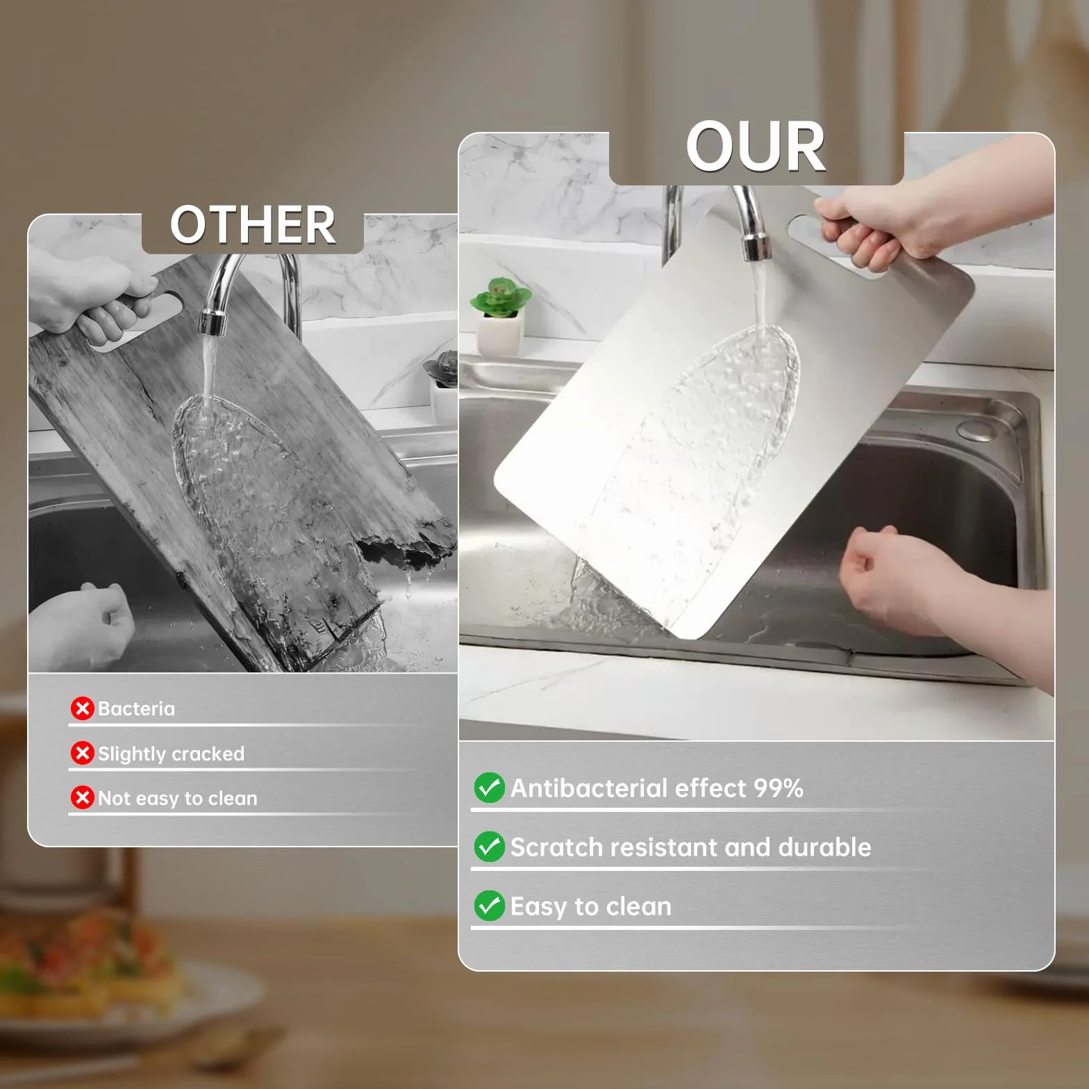 Tabla de Cortar de Acero Inoxidable Grado Alimenticio Doble Cara Titanio para Cocina Multifunción