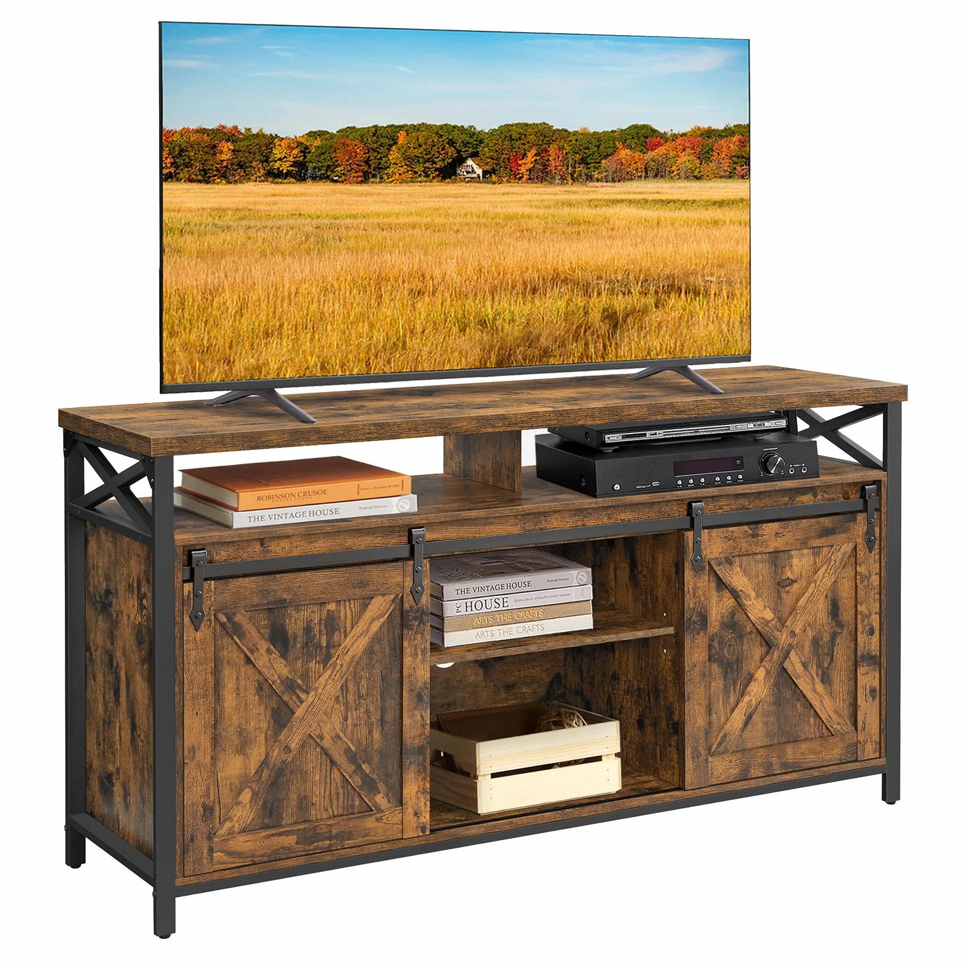 VASAGLE Mueble para TV, Soporte para TV de 65 Pulgadas, con Estantes Ajustables, Puertas de Granero, Diseño de Granja, Marco de Metal, Marrón Rústico y Negro LTV071B01V1