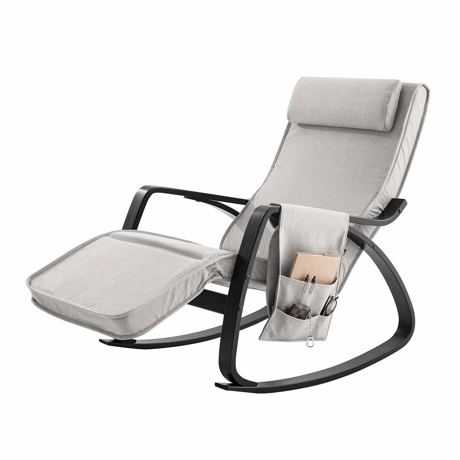 SoBuy Mecedora con Cojín, Silla Mecedora con Reposapiés Ajustable y Reposacabezas - Relajante Sillon con Bolsillo Lateral, Gris FST20-HG