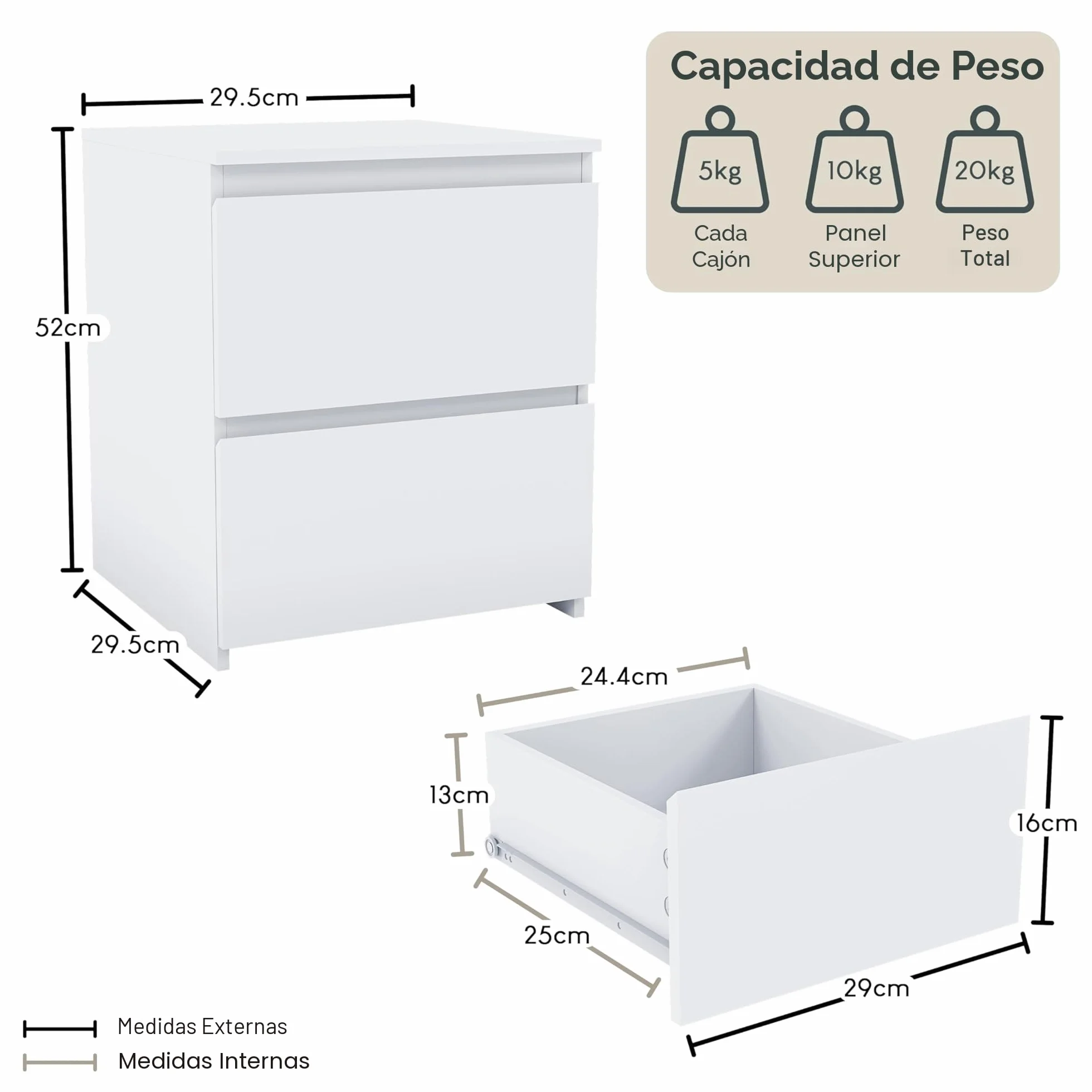 Vida Designs Mesita de noche Denver con 2 cajones (blanca), 40 cm de alto x 29,5 cm de ancho x 29,5 cm de profundidad