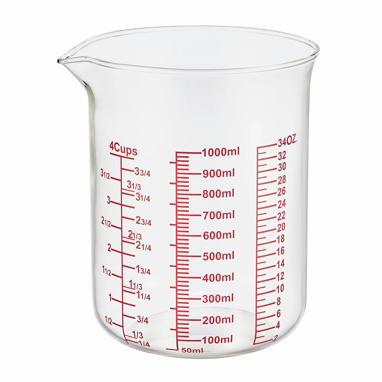 Vaso medidor de vidrio de borosilicato alto, boquilla en forma de V, vaso medidor de vidrio para cocina o restaurante, fácil de leer, 1000 ml (32 onzas, 4 tazas)