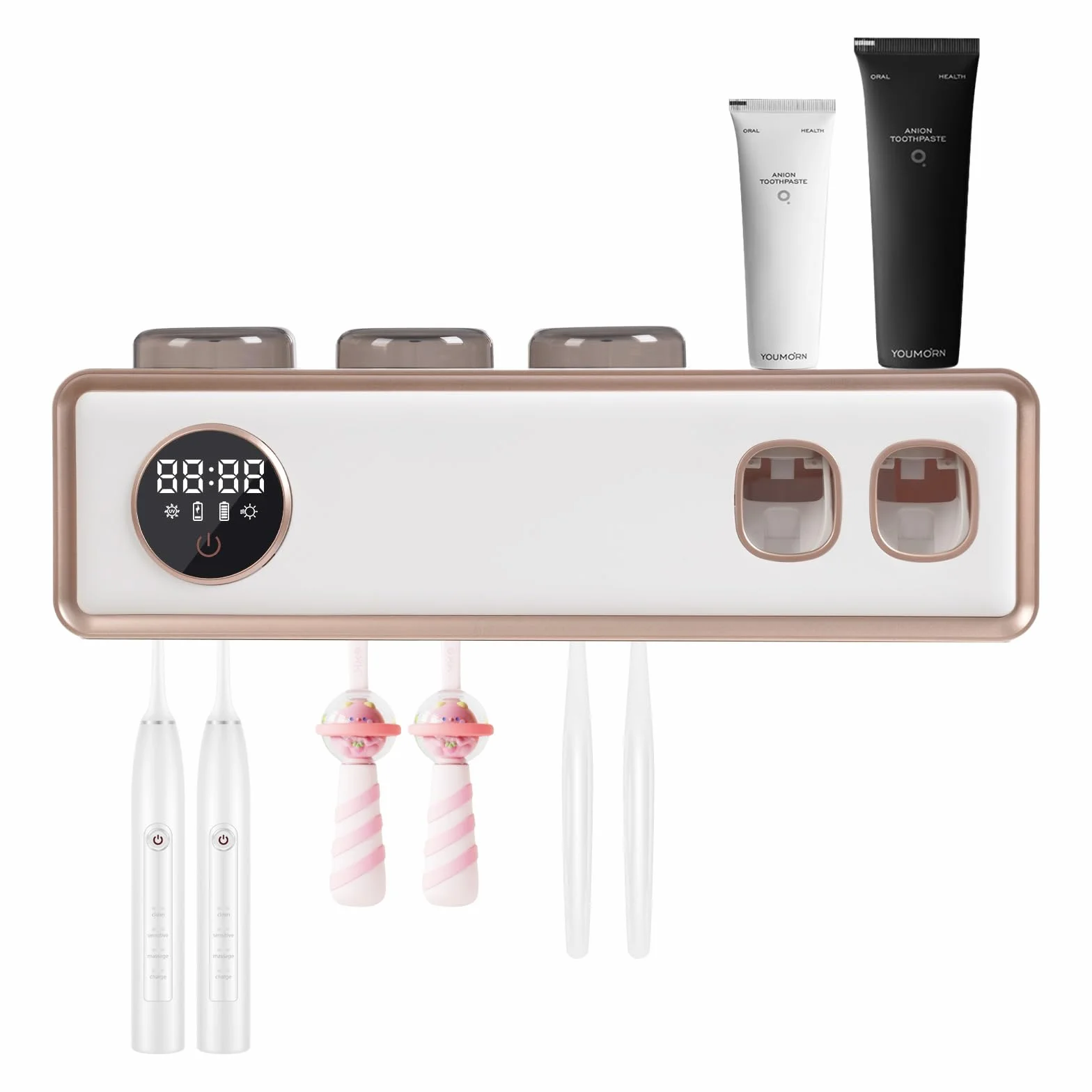 porta cepillos de dientes de pared UV dispensador de pasta de dientes automático con pantalla LED USB, batería soporte para cepillo de dientes eléctrico para cocina, cuarto de baño, hotel