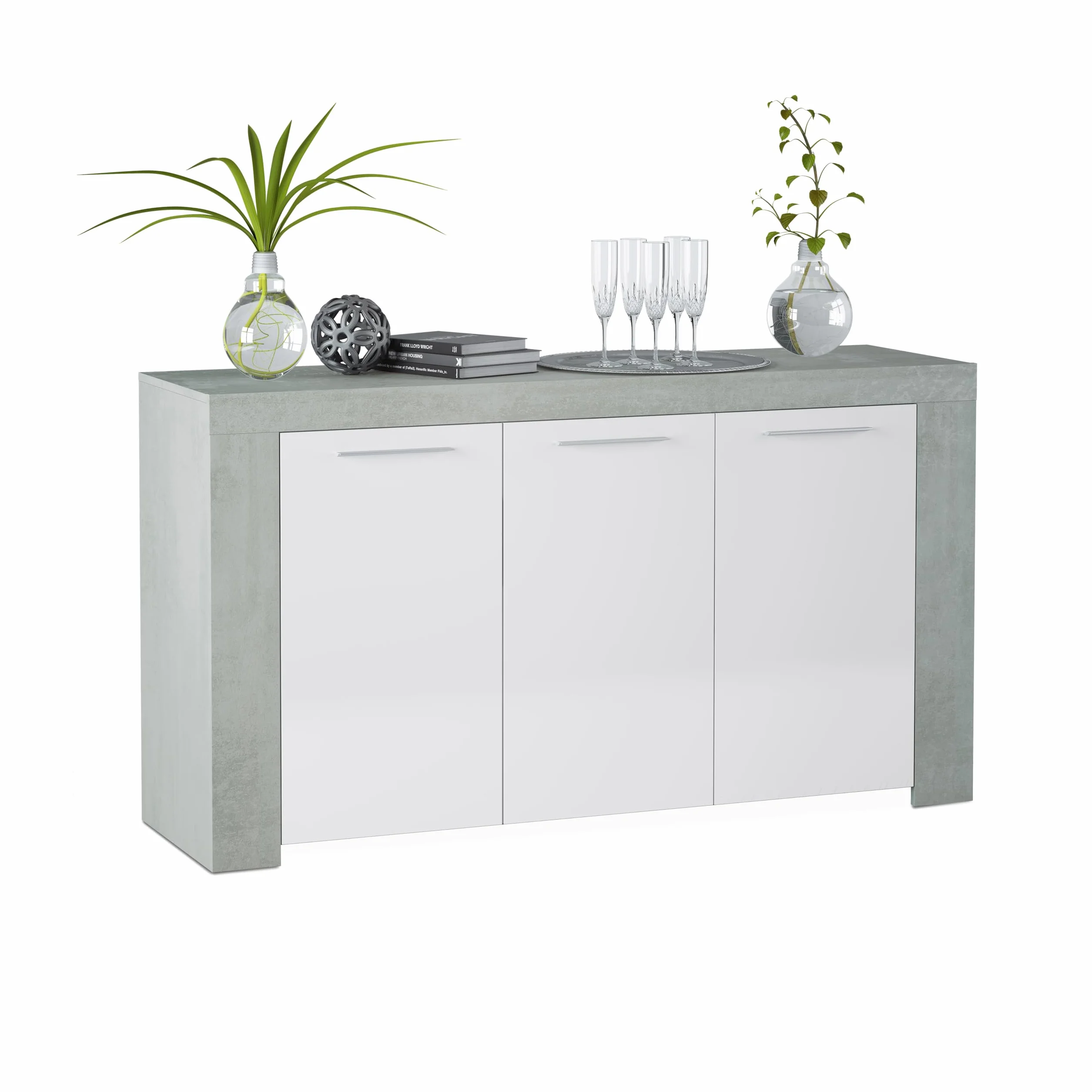Aparador Buffet Moderno Armario Auxiliar Comedor Modelo Dara Blanco Gris Cemento 144x42x80 cm