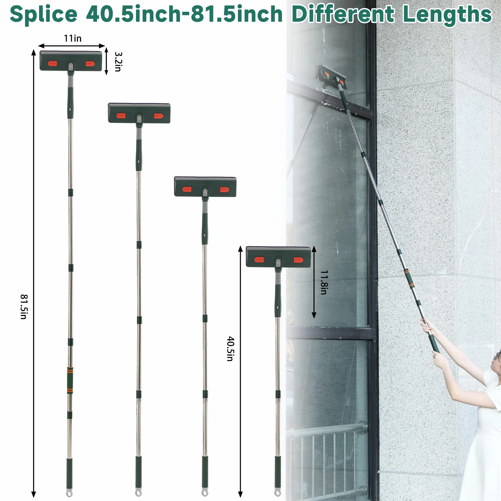Limpiacristales 2 en 1 Kit de herramientas de limpieza de ventanas con poste telescópico, equipo de lavado de ventanas con cabezal flexible para ventanas interiores y exteriores y cristales de coche