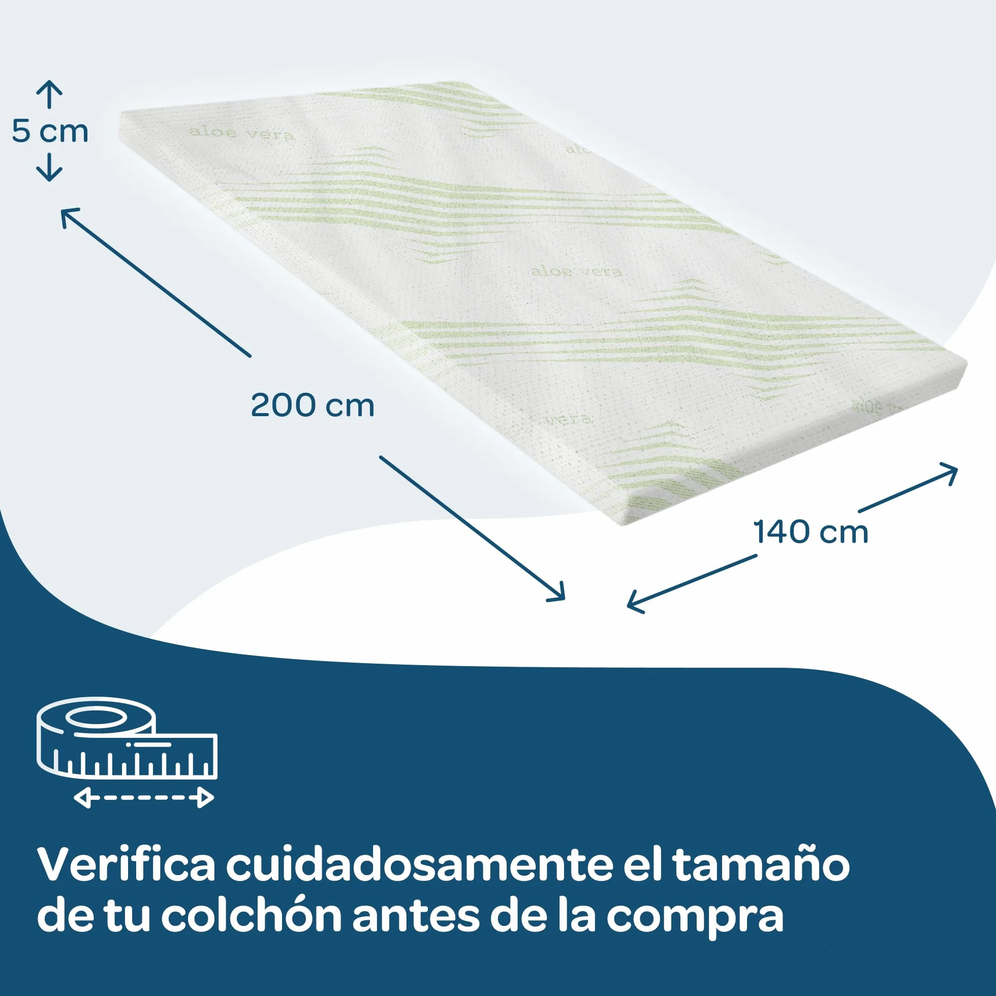 DOLCI SOGNI Topper Viscoelastico 140x200 cm, Espesor 5 cm, Topper 140x200 Espuma Viscoelástica con Funda de Aloe Vera y Elásticos de Sujeción, Sobrecolchon 140x200