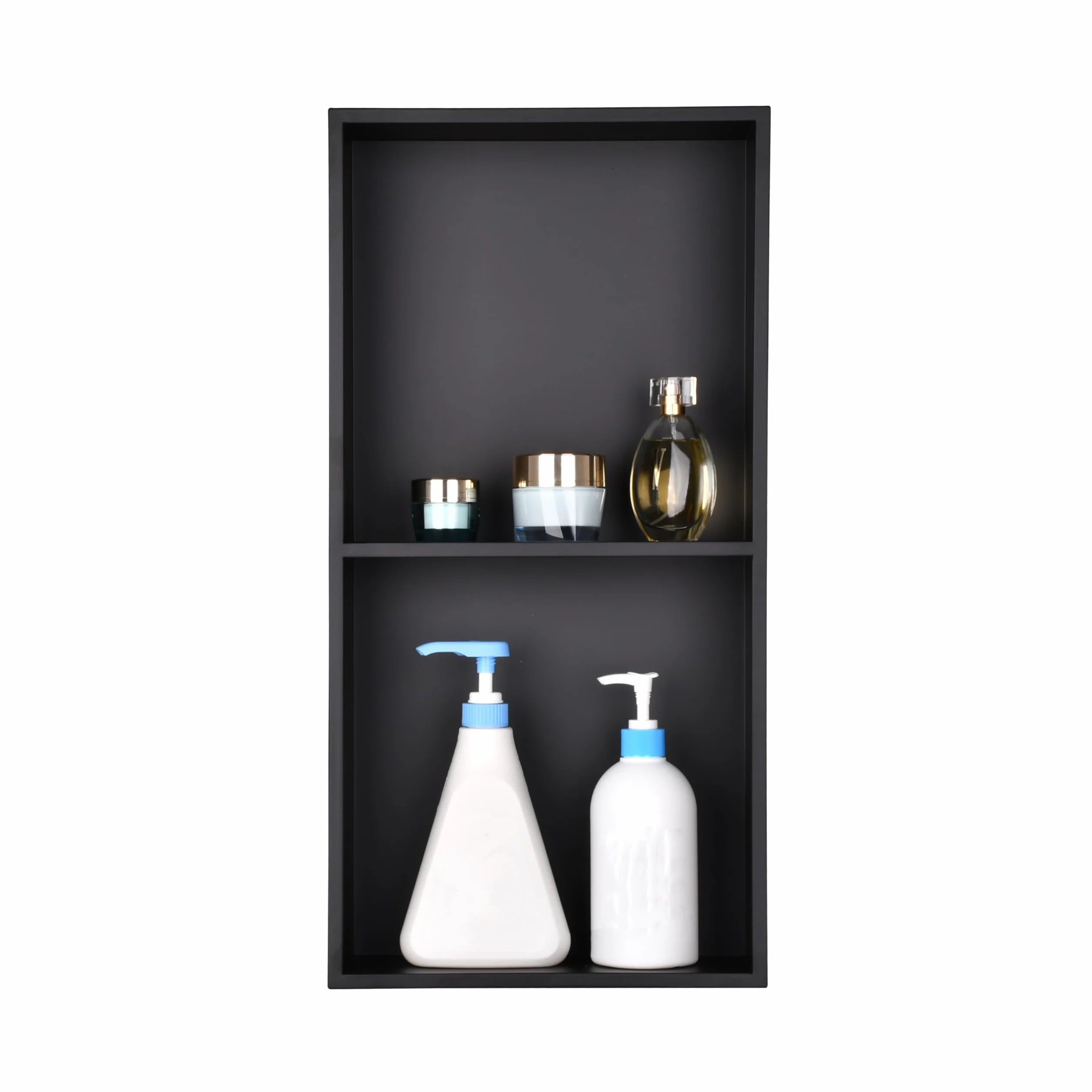 Nicho de ducha de acero inoxidable, 60 x 30 cm, color negro | 2 pisos | Nichos empotrables impermeables, solución de almacenamiento de diseño para baño moderno