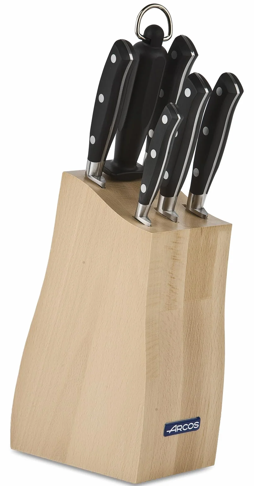Arcos Juego Cuchillos Forjados 6 piezas Acero Inoxidable Nitrum. 4055 gr. Cuchillos Cocina Multiusos para Cortar Carne y Verduras. Mango Ergonómico Polioximetileno POM. Serie Riviera. Color Negro.