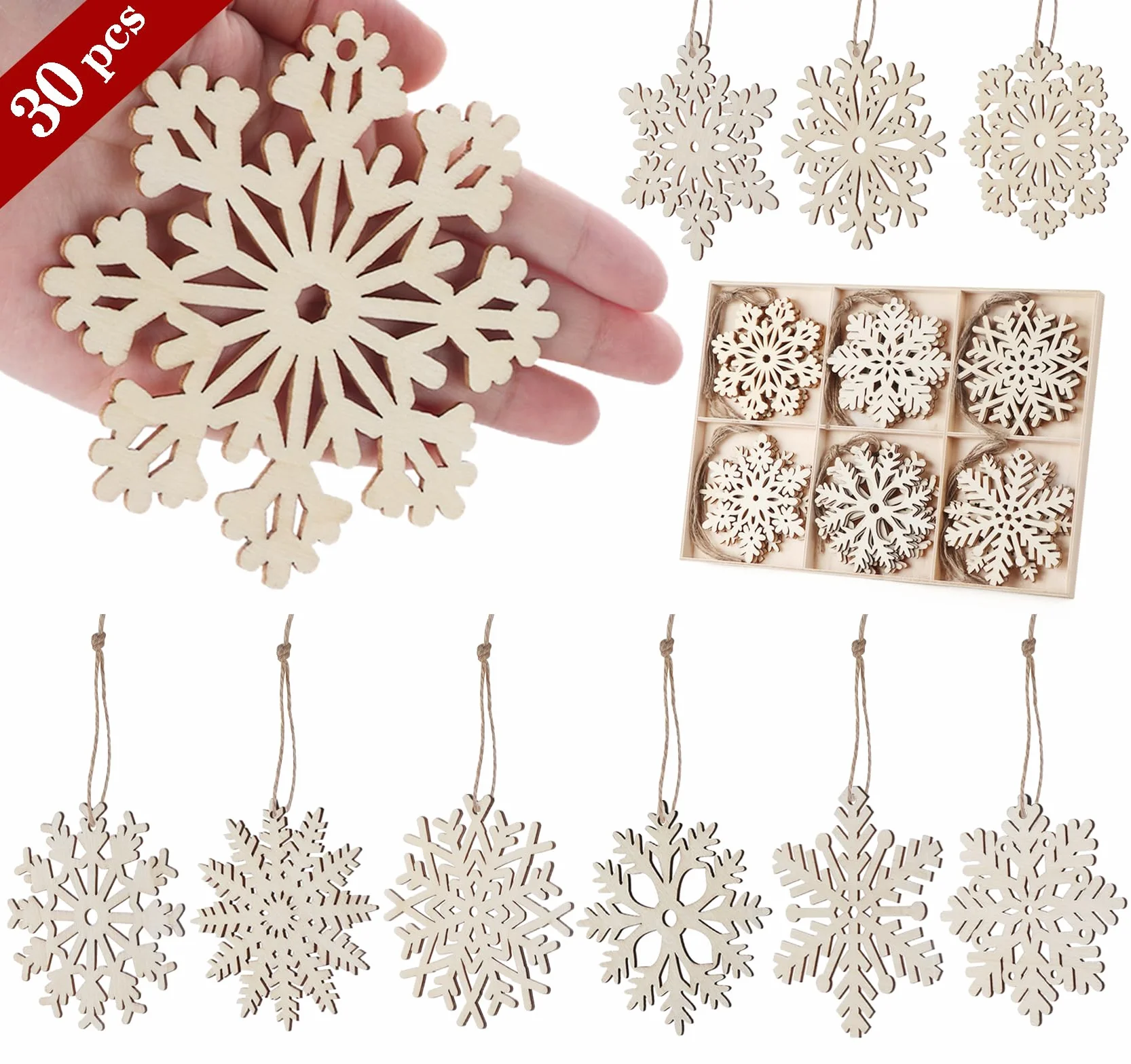 Copos de Nieve de Madera ilauke 30 Piezas, 10 Estilos Ahuecados con Cuerda para Decoración Navideña