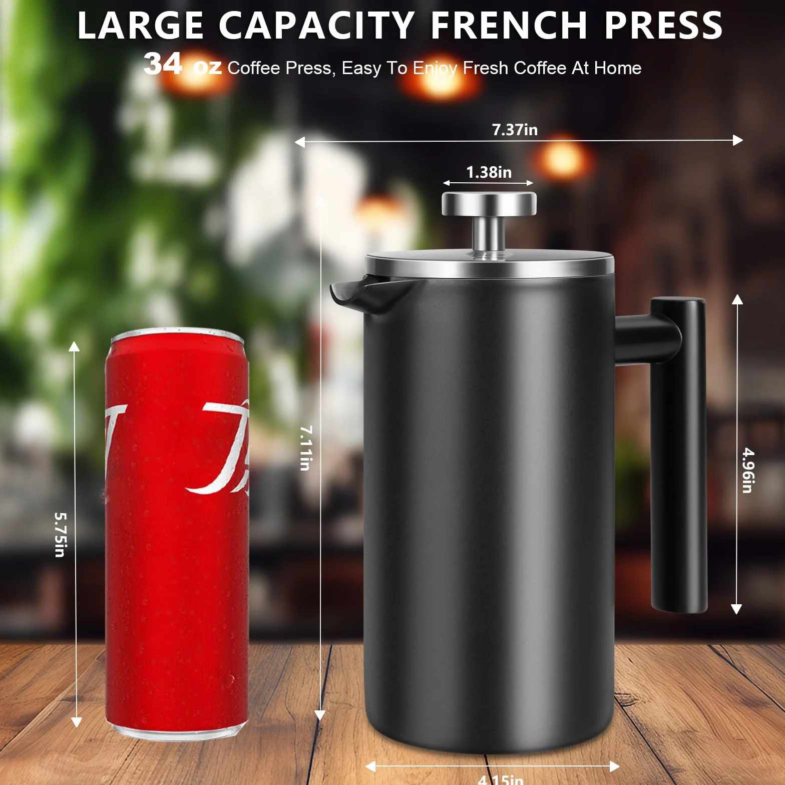 SZHETEFU French Press - Cafetera de prensa francesa grande aislada de acero inoxidable de alta calidad, capacidad de 4 a 6 tazas, cafetera de émbolo de prensa francesa, color negro