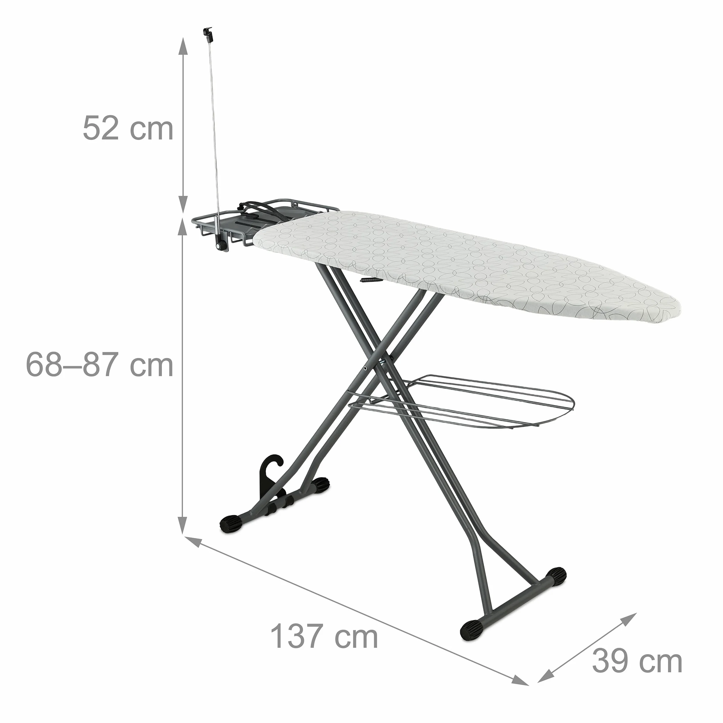 Relaxdays Tabla de Planchar para Plancha de Vapor, 115 x 39 cm, Regulable en Altura, Plegable, Estante, Blanco/Plateado