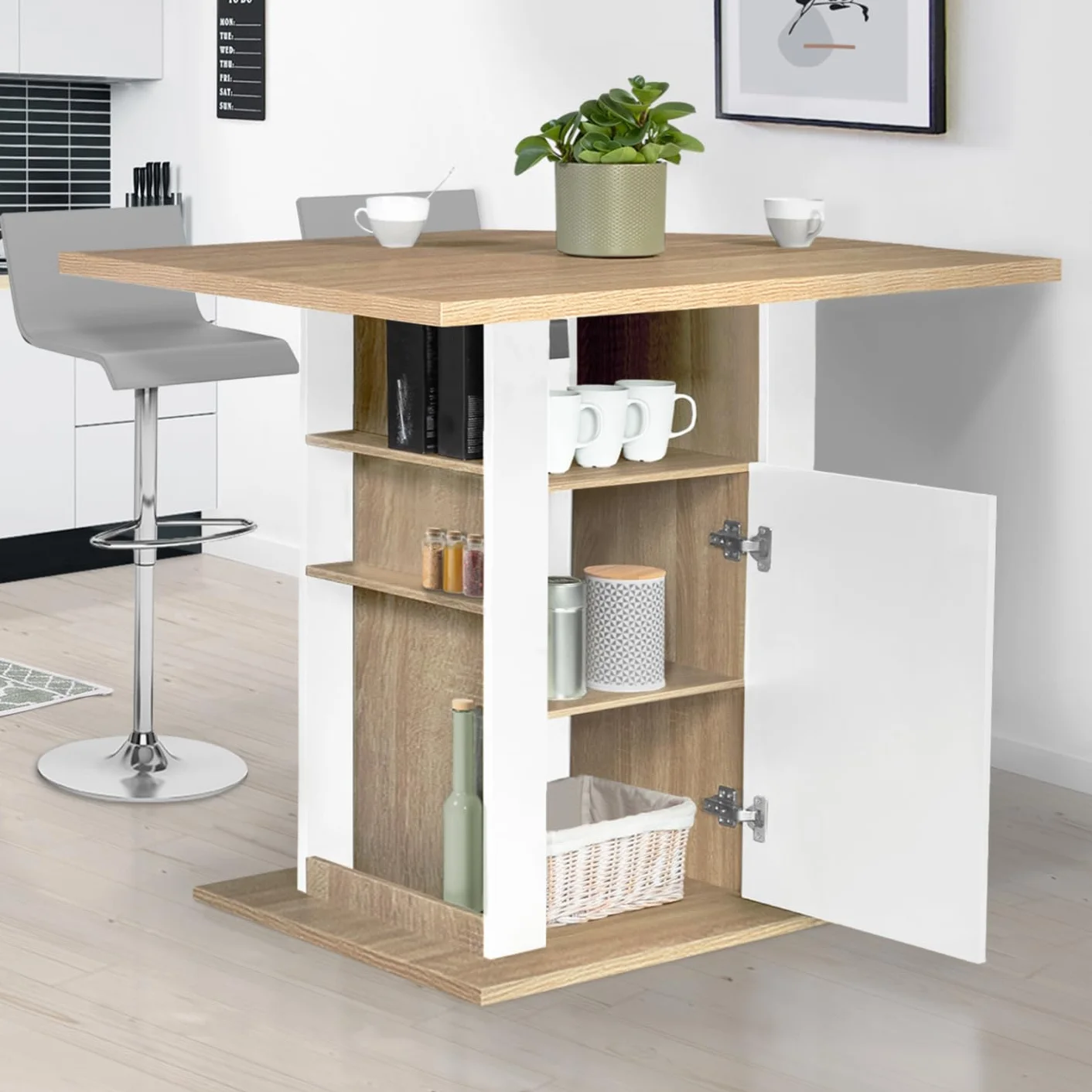 IDMarket – Ilot Central UGO 110 cm, madera blanca e imitación de haya con almacenamiento
