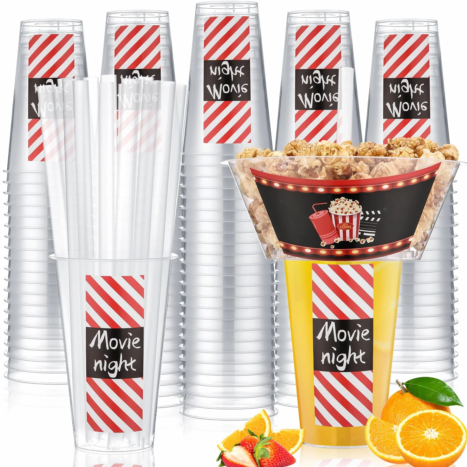 SiliFine 25 juegos de tazas de bebidas y aperitivos con pajitas, vasos desechables de plástico para estadio con soporte para aperitivos, tazas para aperitivos para papas fritas, pollo frito y frutas