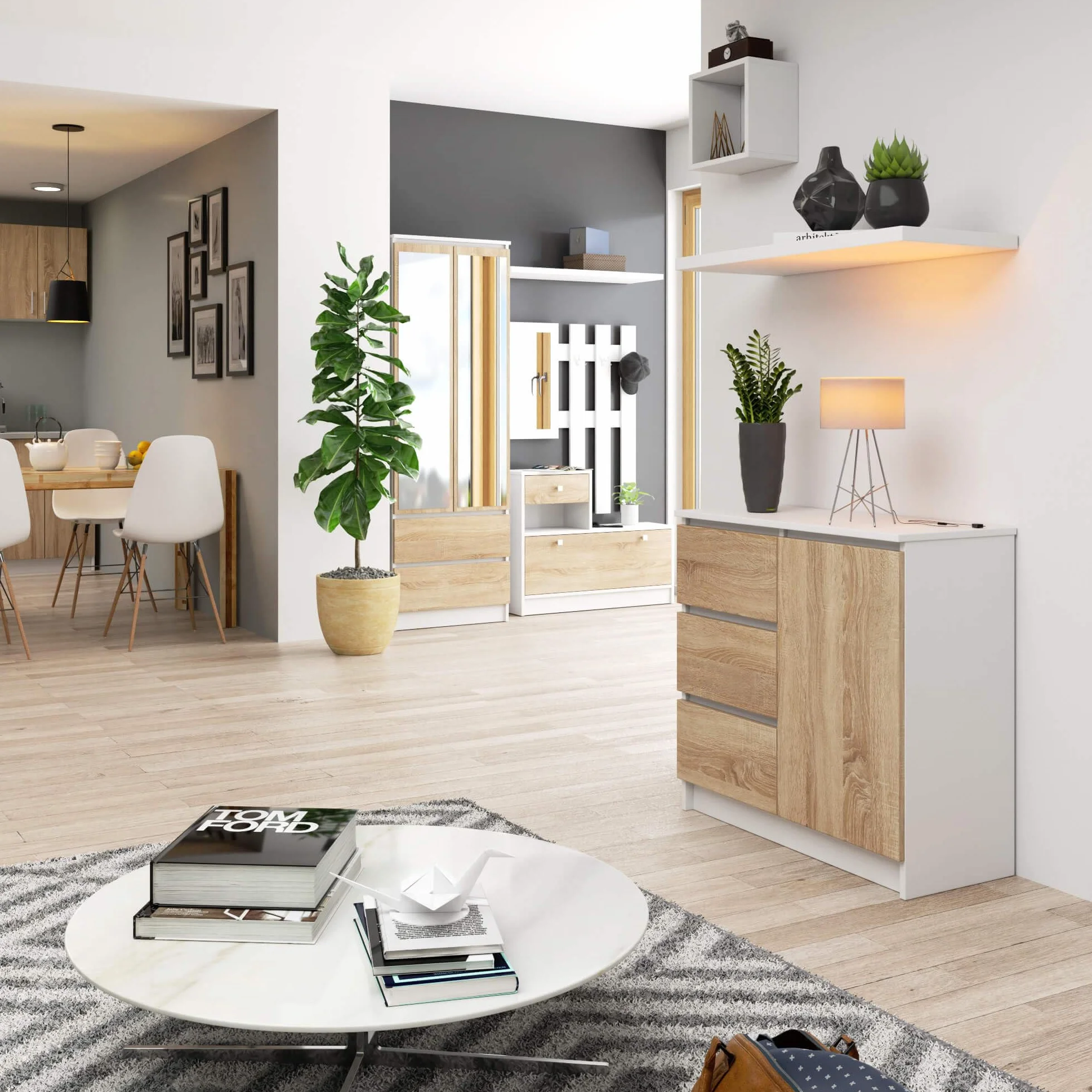 AKORD Cómoda Jerry | Cajonero con 1 Puerta 3 Cajones 2 Estantes | Credenza Alta 80 cm | 80x35x77 cm | Blanco & Roble Sonoma Frente