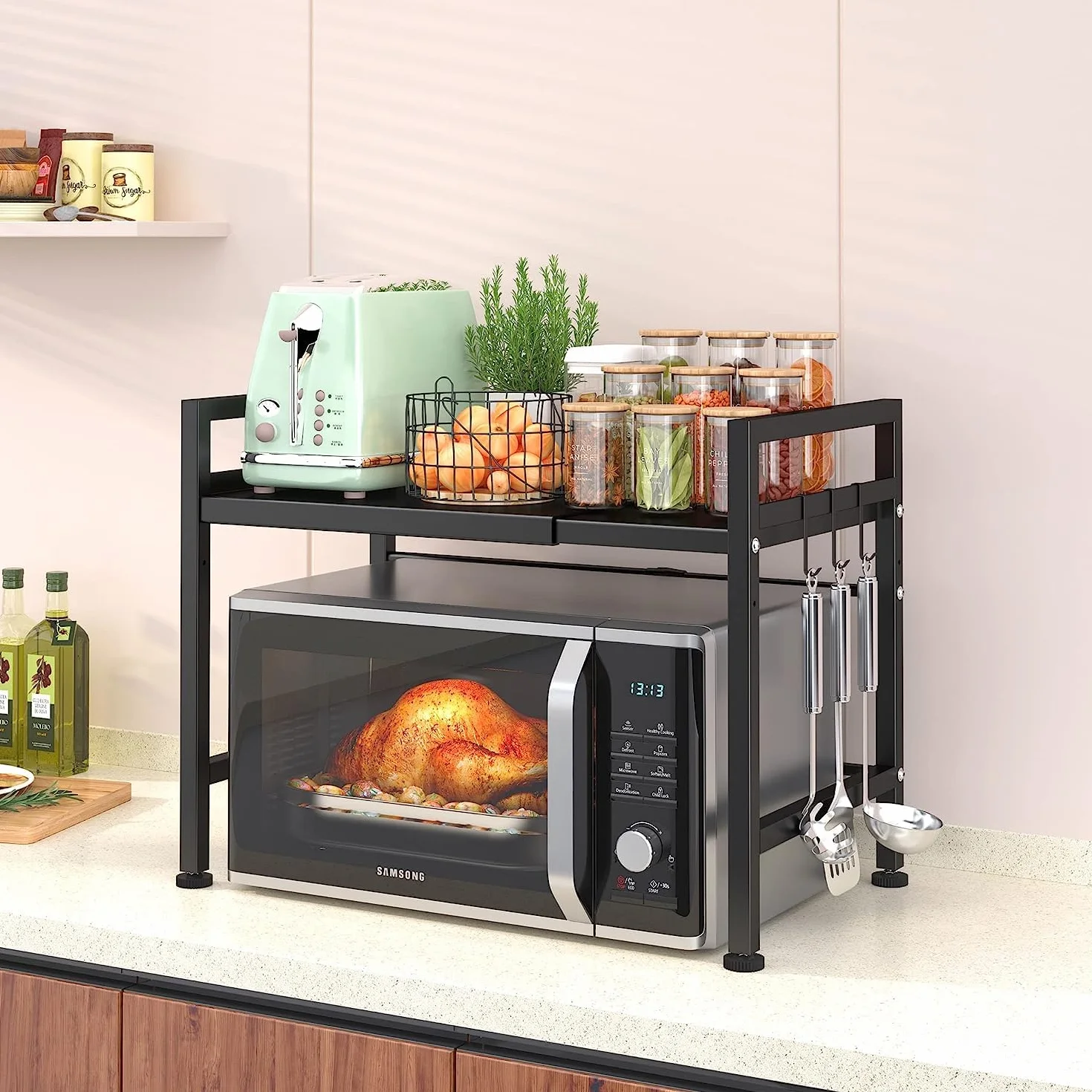 LUHWYJA Soporte Extensible para Horno de Microondas, Estante Ajustable, Rejilla para encimera de Cocina Organizador Estanteria Mueble con 6 Ganchos (2 Niveles, Negro)
