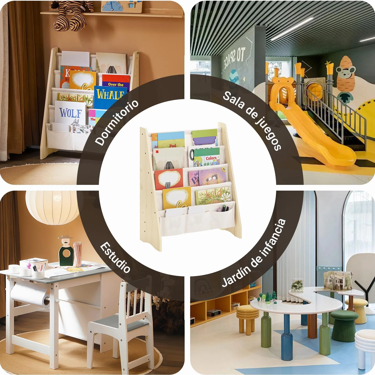 SoBuy Estantería Libros Infantil Montessori 4 Estantes 3 Bolsillos Tela Biblioteca Almacenaje 63x28x76cm