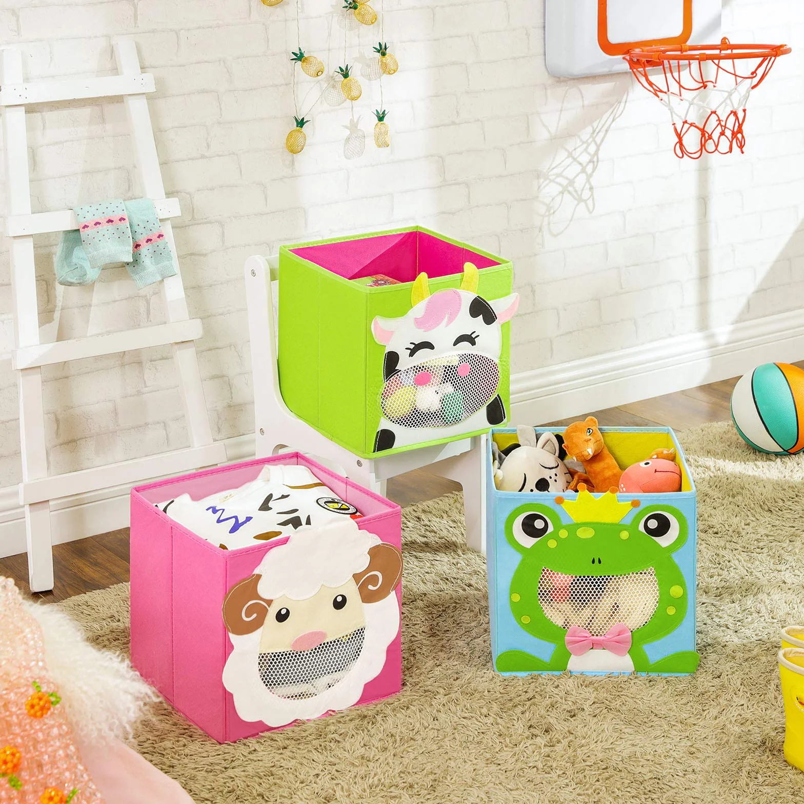 SONGMICS Cajas de Almacenamiento Juego de 3 Organizadores Plegable 27 x 27 x 27 cm Azul Verde Rosa RFB01PG