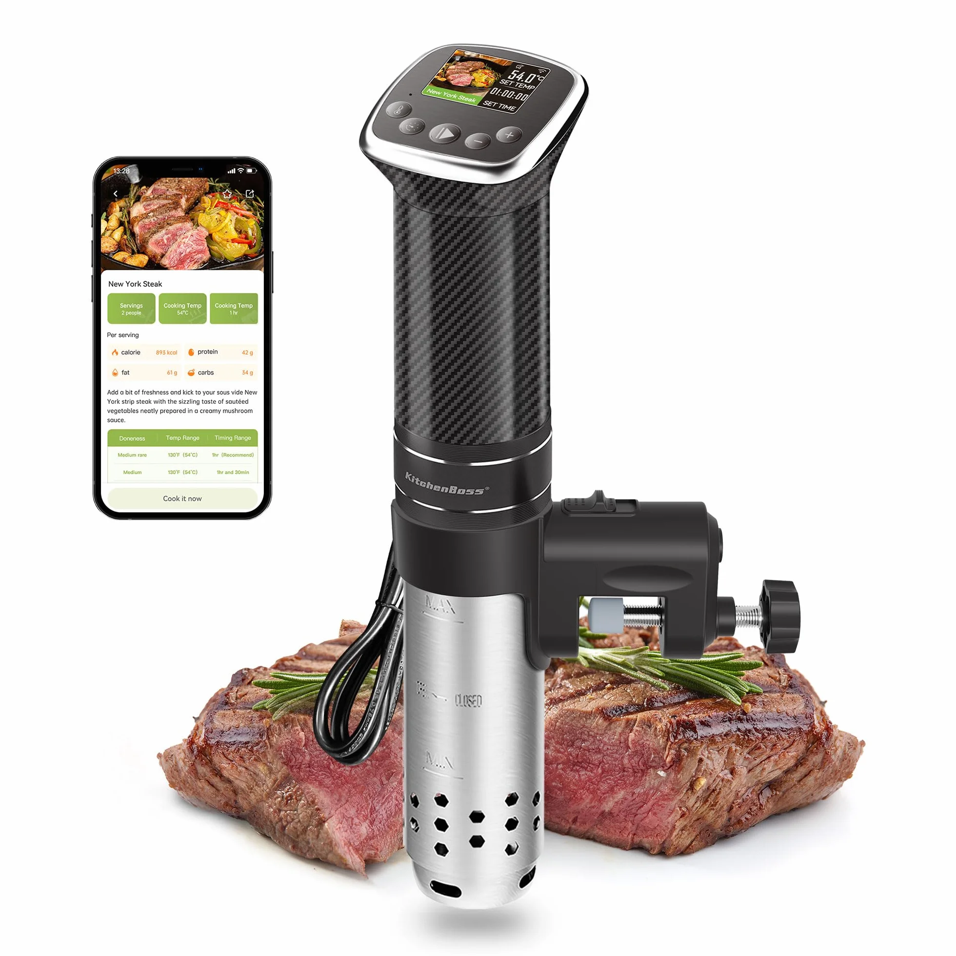 KitchenBoss Wi-Fi Sous Vide Cocina Precisión: roner cocina baja temperatura 1100W a Prueba de Agua IPX7, Pantalla TFT táctil Control de Temperatura de Precisión
