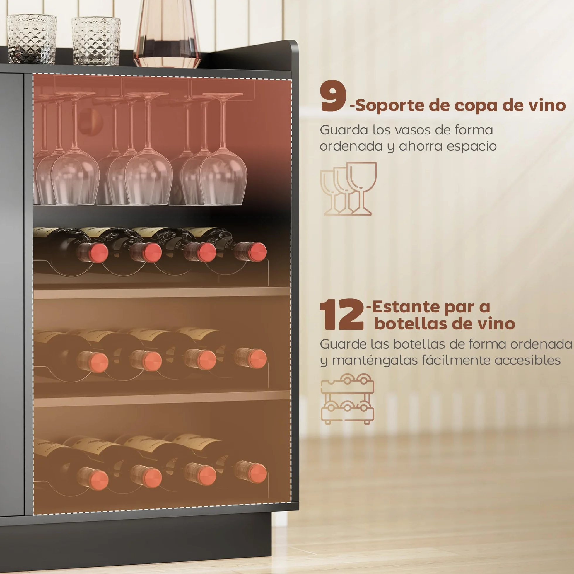 HOMCOM Mueble de Bar, Armario Buffet para Vinos con Luces LED RGB y Botellero para 12 Botellas, Aparador de Cocina con Estante Ajustable y Puertas de Cierre Suave, para Comedor, Salón, Negro