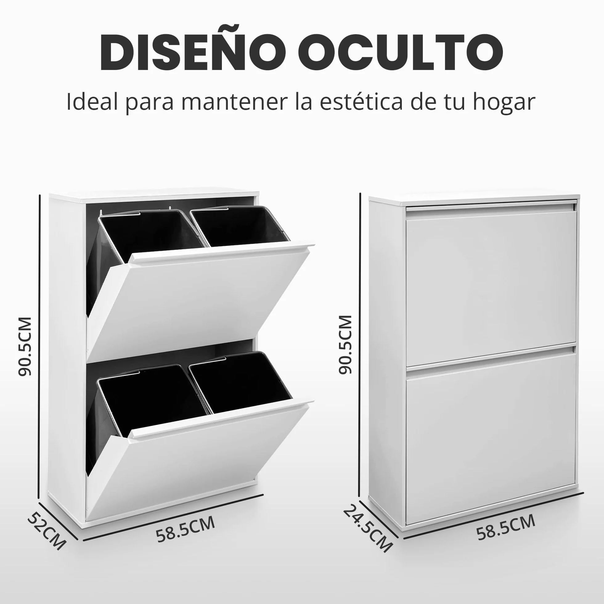 JUPPLIES Cubo de Basura Cocina Reciclaje de Acero con 4 Compartimentos | 4x17 (68L) | Mueble Contenedor de Reciclaje Metálico con 2 Cajones Abatibles para Casa u Oficina | 90,5x58,5x52cm