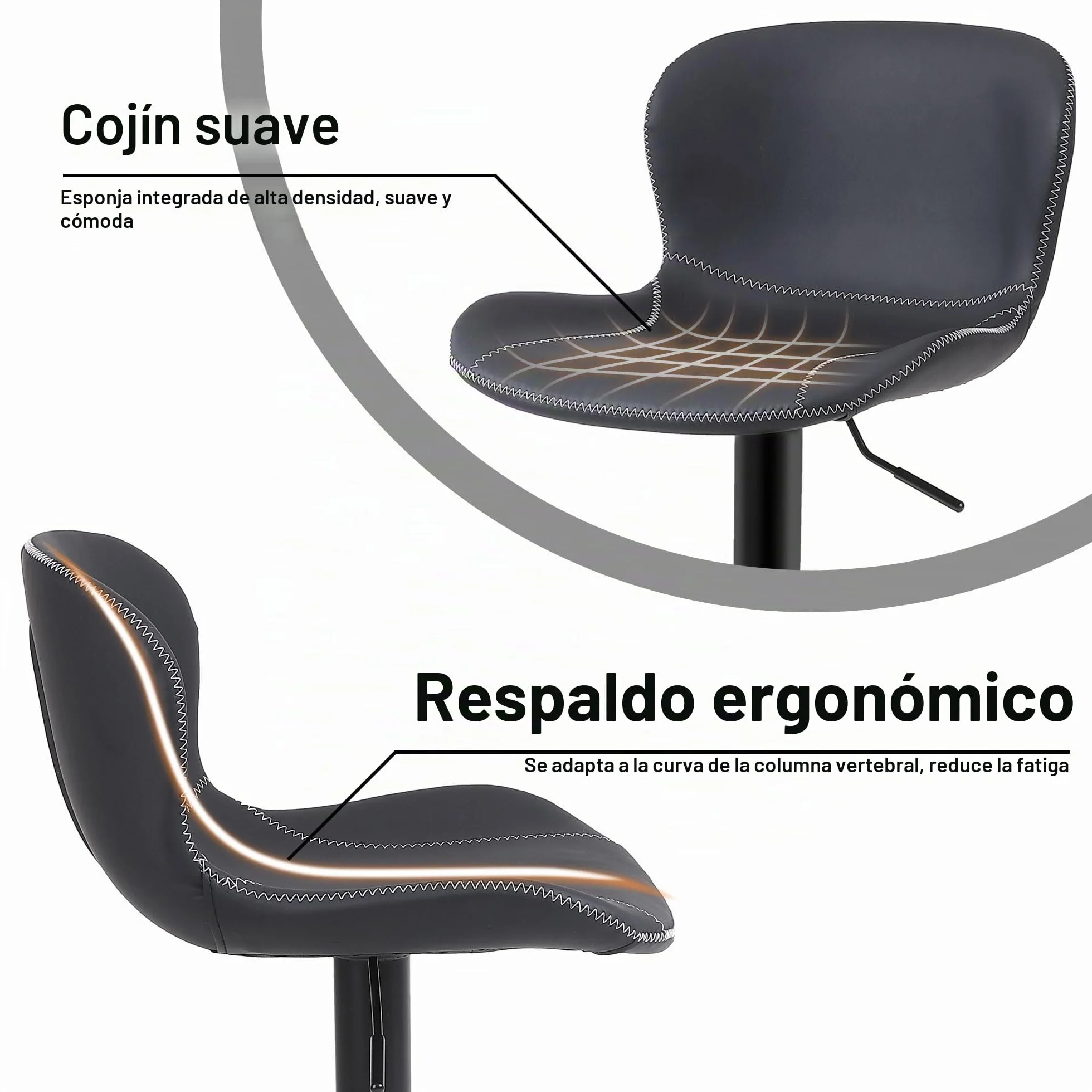 Youhauchair Taburetes Altos de Cocina Juego de 2, Taburete de Bar Regulable en Altura en Cuero PU, Taburete Alto con Respaldo y Reposapiés, Taburete Cocina Giratorio, Moderno, Negro