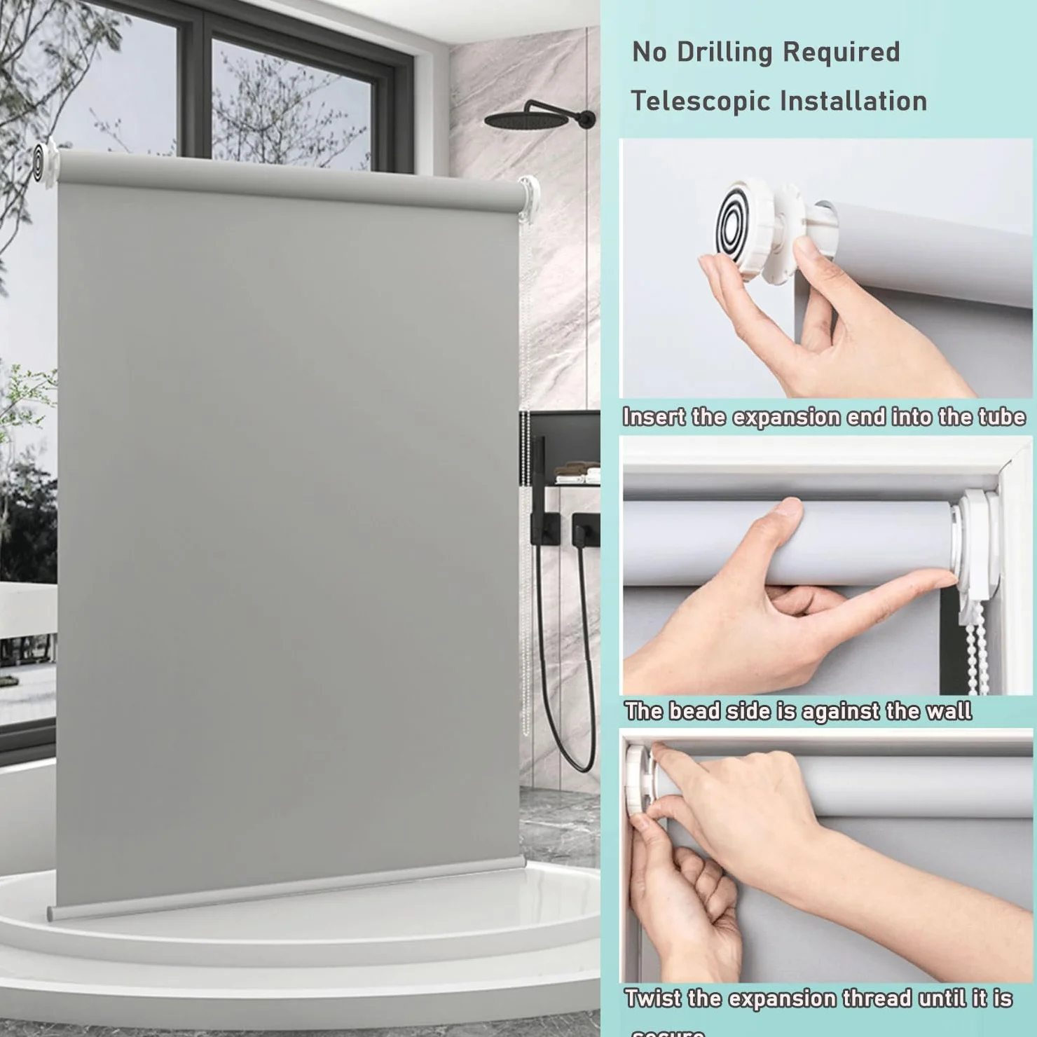 Estor Opaco Sin Perforación,Persiana Enrollable Blackout para Ventanas de Interior,Tela Poliéster Gris,Térmico,Privacidad,para Casa,Oficina,Personalizada,Ancho x Alto（90W x 120H cm）