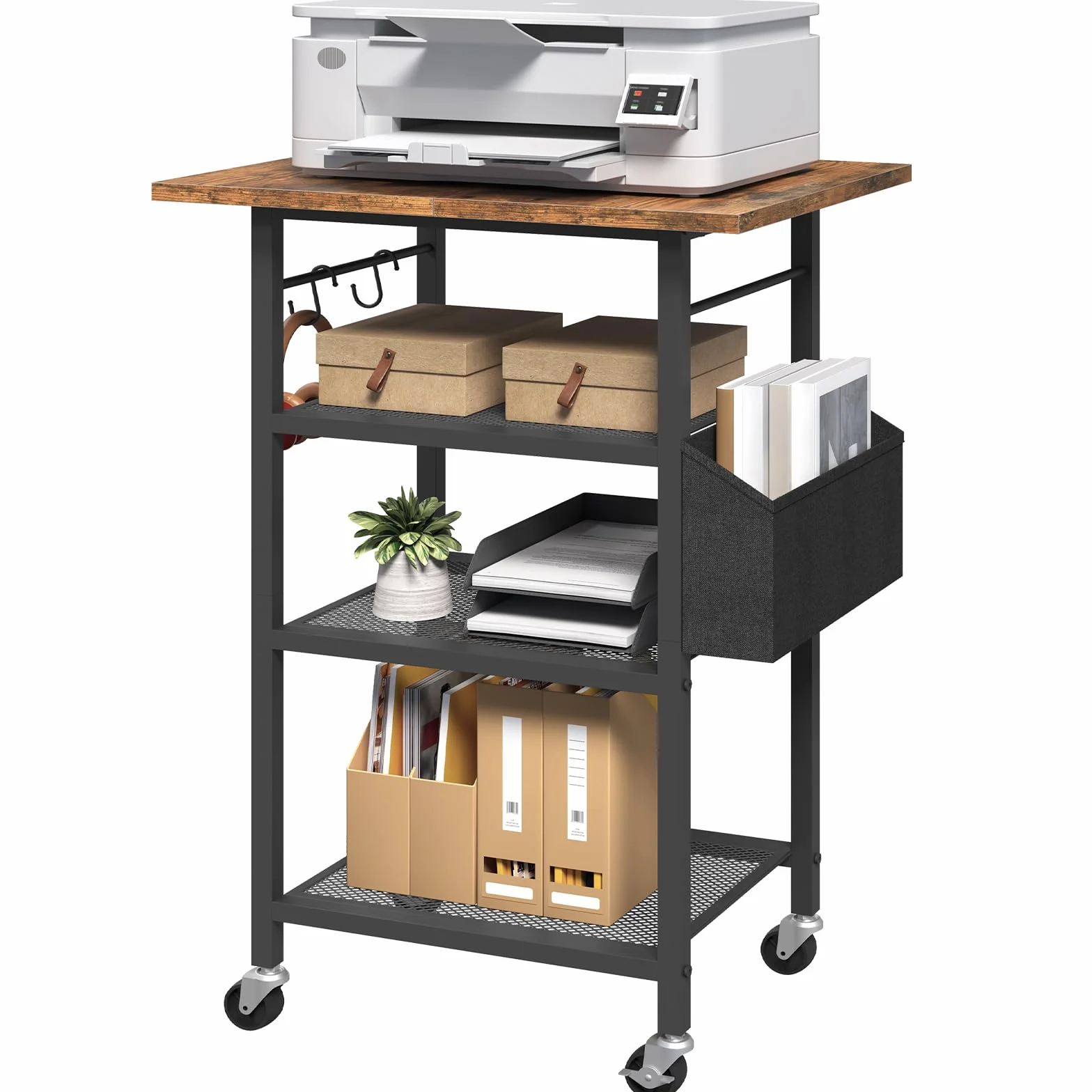 MAHANCRIS Soporte de Impresora de 4 Niveles, Mesa de Impresora con Ruedas, Estantería de Estilo Industrial, con Bolsillo Lateral, Estantes de Rejilla Metálica, 2 Ganchos,Marrón Rústico y Negro