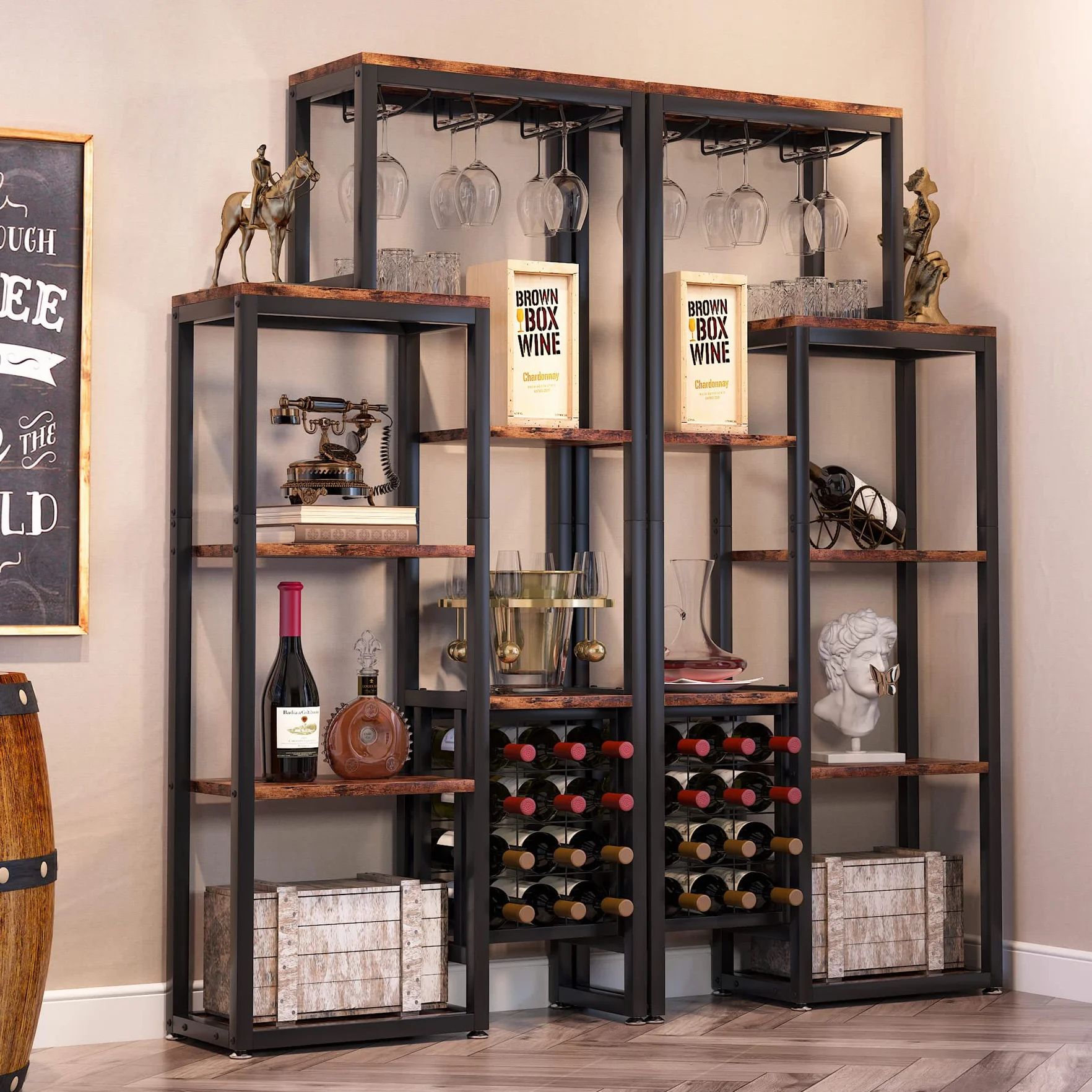Tribesigns Estante de vino para piso independiente, estante de 5 niveles para panaderos de vino con soporte de vidrio y almacenamiento de vino, gabinete de bar de vino para bar,comedor