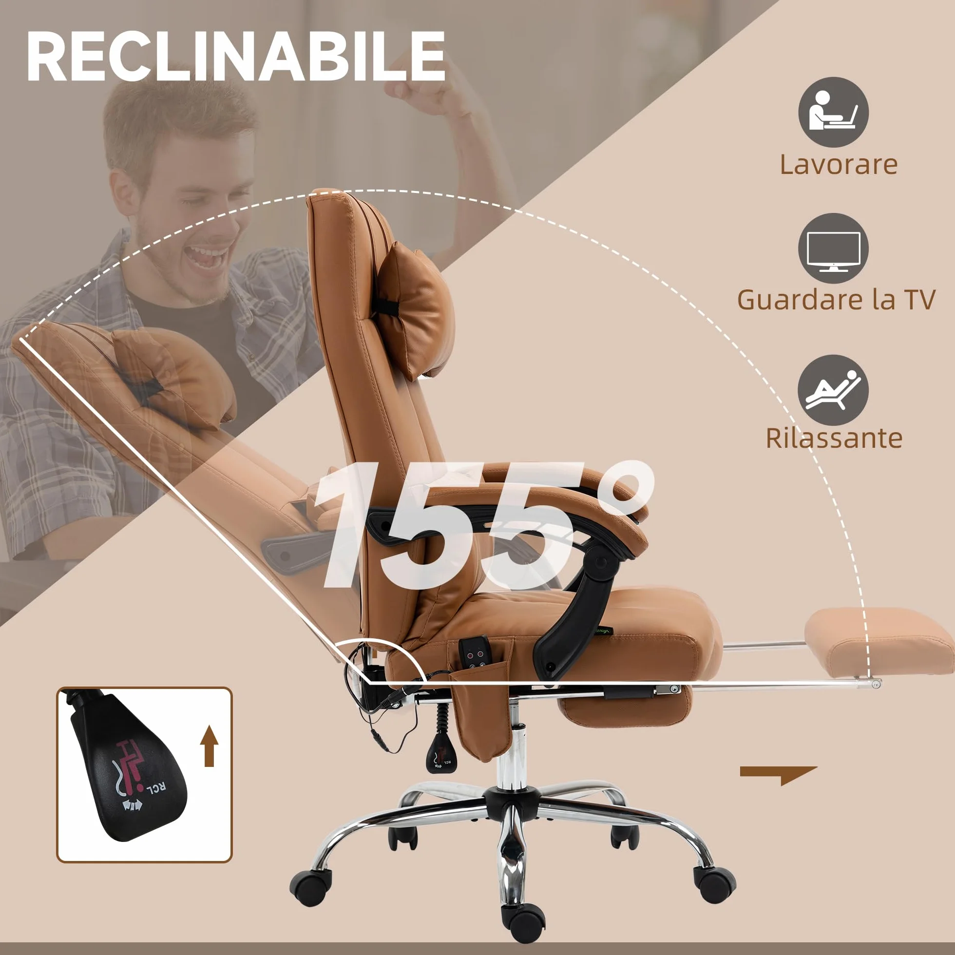 Vinsetto Silla de Oficina Ergonómica con Masaje y Calefacción, Silla de Escritorio Reclinable de Altura Ajustable con Respaldo Alto y Reposapiés, Cuero de PU para Ordenadores, Marrón Claro