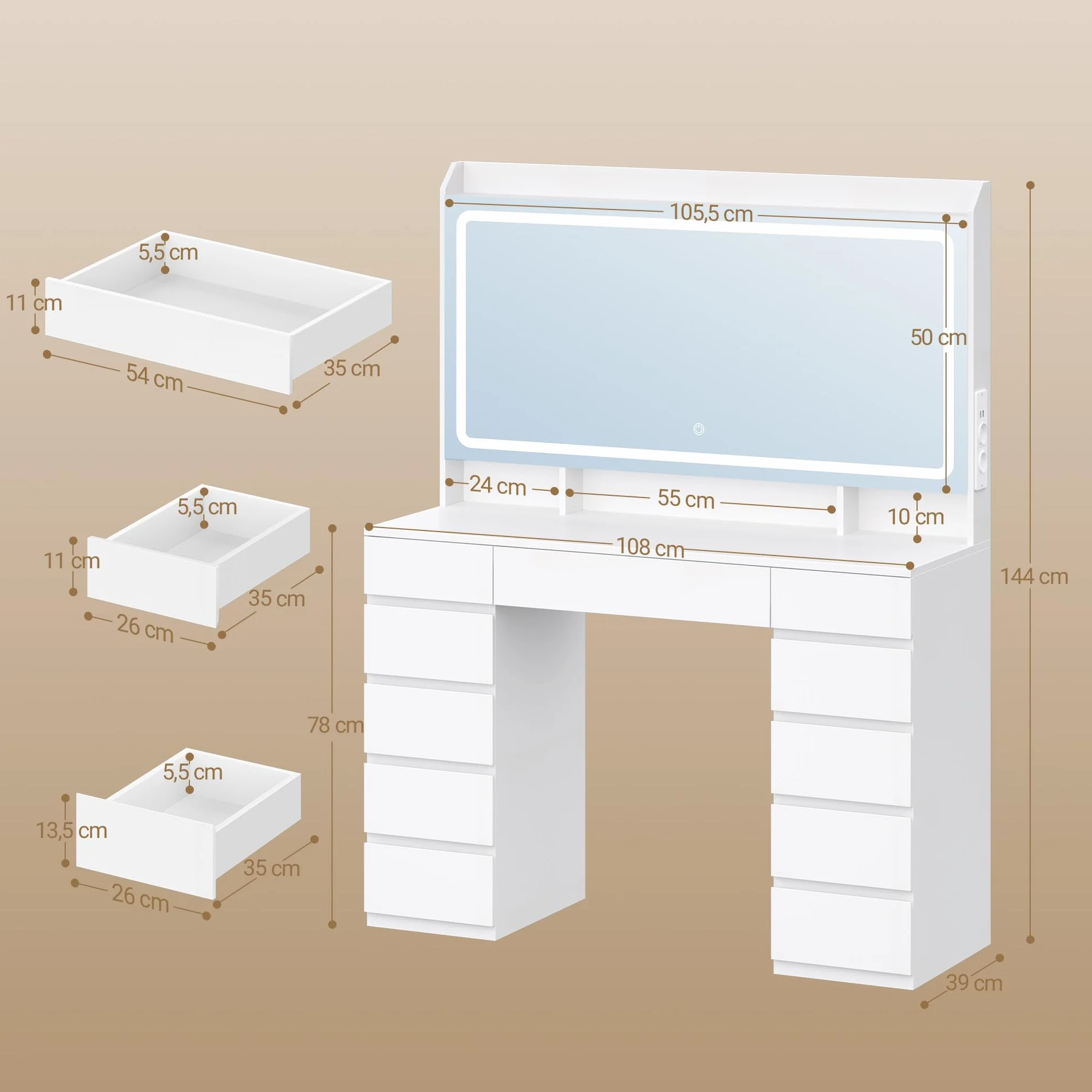 Hzuaneri 108 cm Tocador de Maquillaje, Tocador con Espejo HD Grande, Luces LED Regulables y Enchufes, 11 Cajones, 3 Compartimentos de Almacenamiento y 1 Estante Superior, Blanco DT43003XEU
