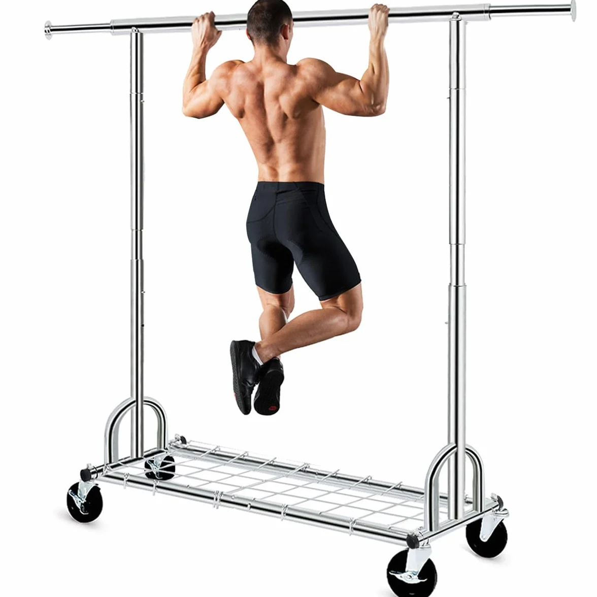 HOKEEPER Burro de Ropa Resistente 238kg, Barra Extensible con Ruedas Bloqueables y Estante, Ahorra Espacio para Dormitorio, Apartamento, Lavandería, Plateado