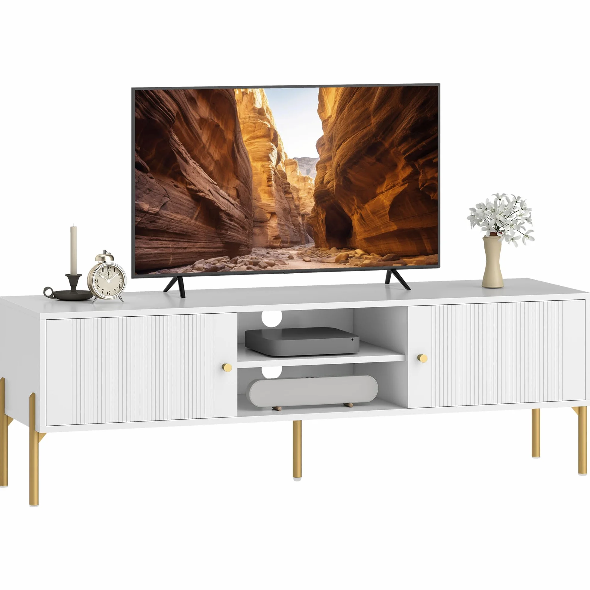 HOMCOM Mueble de TV Moderno de 2 Puertas, Mesa TV para Salón con 2 Estantes Abiertos Ajustables, Orificios Pasacables, Patas de Acero, para Televisión 65 Pulgadas, 140x38x45,9 cm, Blanco