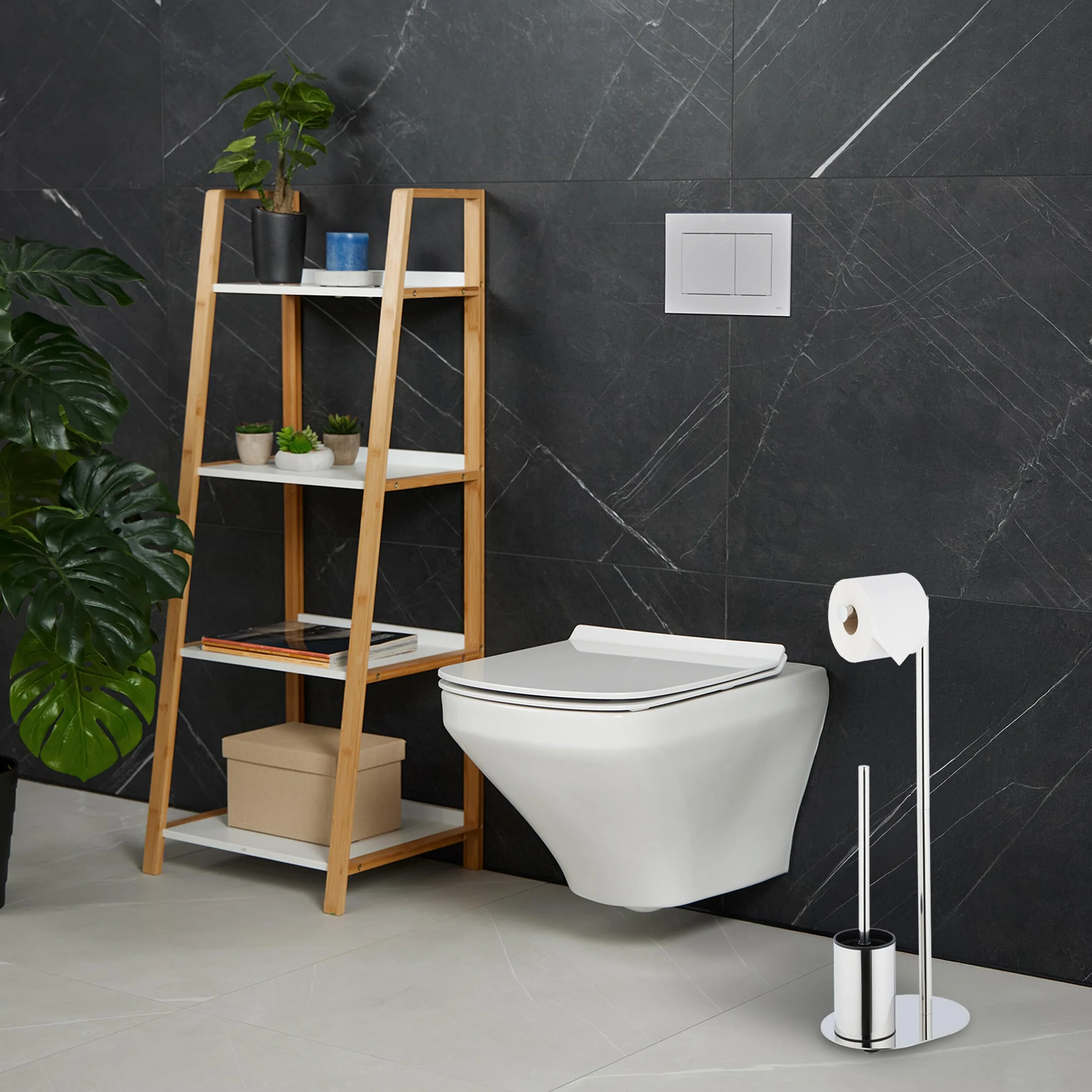 Relaxdays Escobillero y Portarrollos para Baño, Acero Inoxidable, 63x23x17 cm, Escobilla con Soporte Vertical, Plateado