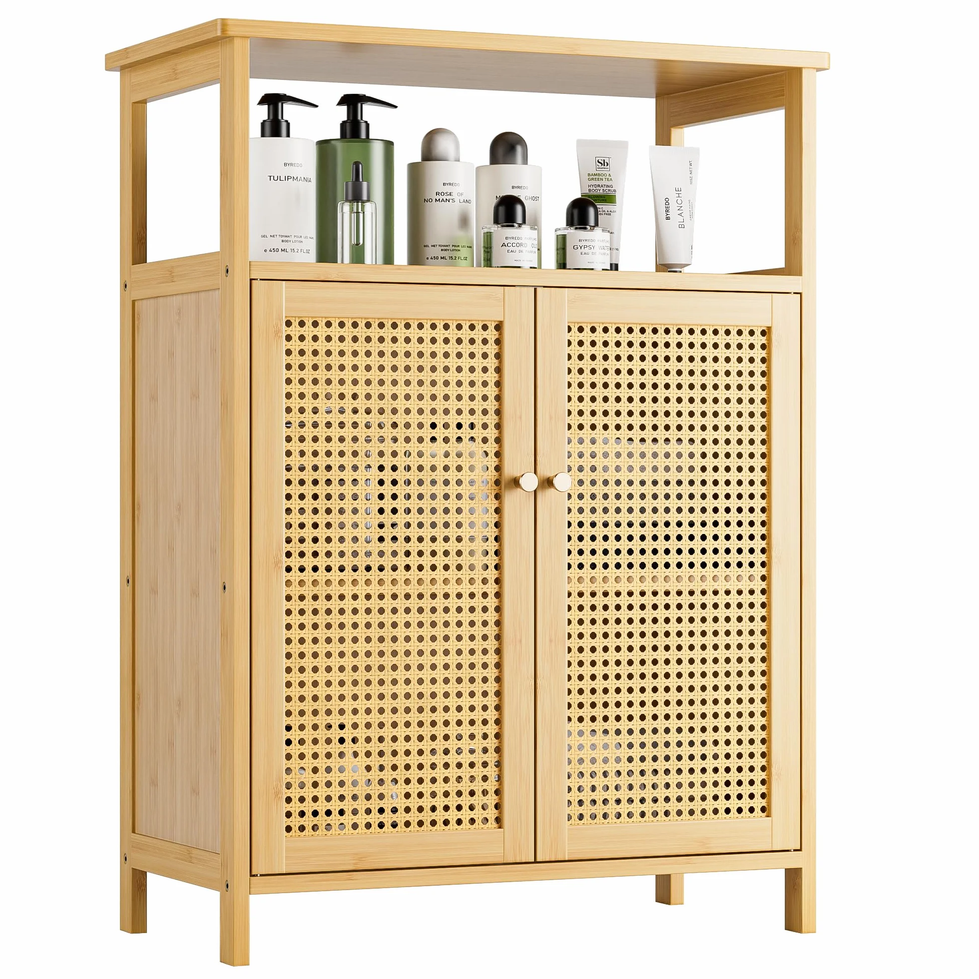 Armario de Baño con Soporte de Suelo, Mesa Organizadora de Almacenamiento de Bambú con 2 Puertas de Ratán y 1 Estante, Armario Lateral de Madera para Pasillo, Cocina, Sala de Estar (Natural)
