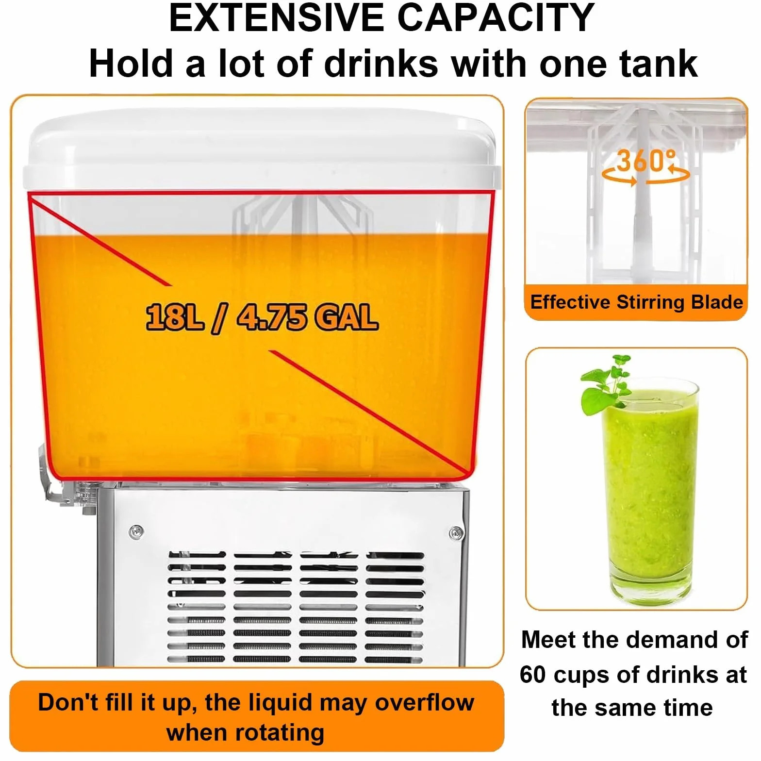 Dispensador de jugo de acero inoxidable de 18 litros, dispensador de bebidas refrigerado de 280 W para restaurante, barra de jugos, uso doméstico