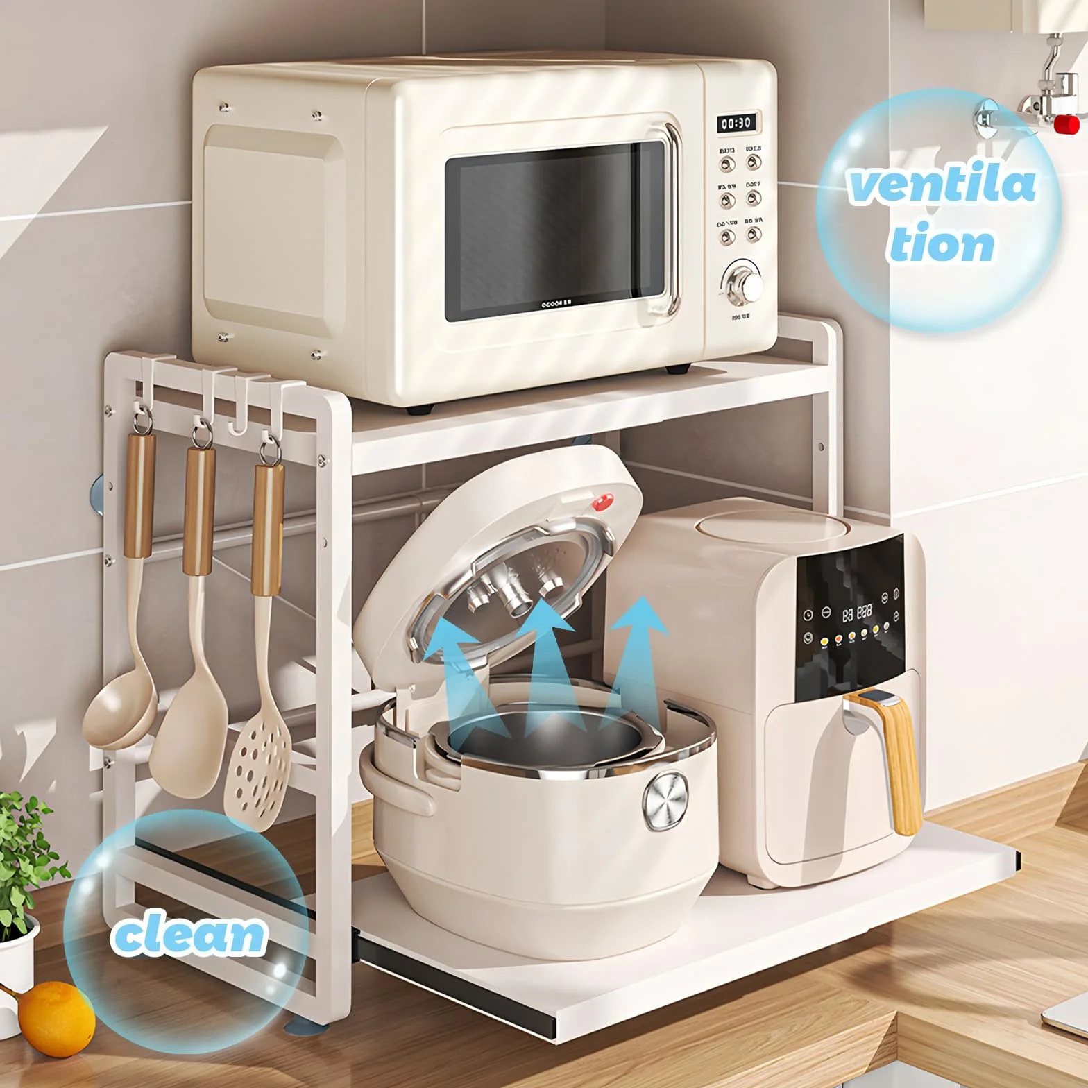 Estante de cocina con 2 niveles, altura ajustable y estante extensible con cajón, acero al carbono, ganchos y ventosas de refuerzo, fácil montaje, color blanco