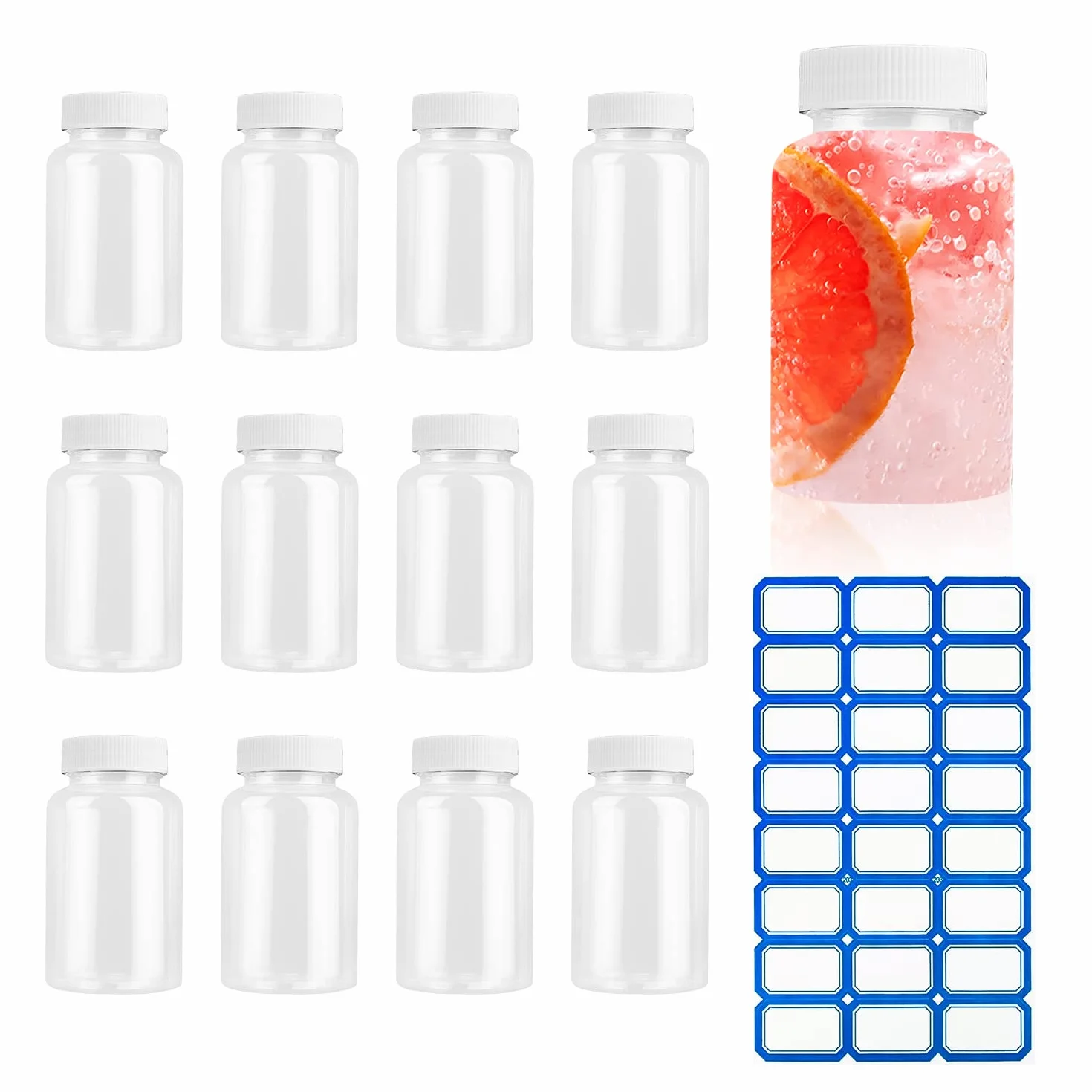 YUE QIN 12 Piezas Botellas de Jugo Reutilizables con Tapas Plástico Transparente Botellas de Pláptico con Pegatina Botella de Leche para Jugo Leche y Bebidas Limonadas (100ml)