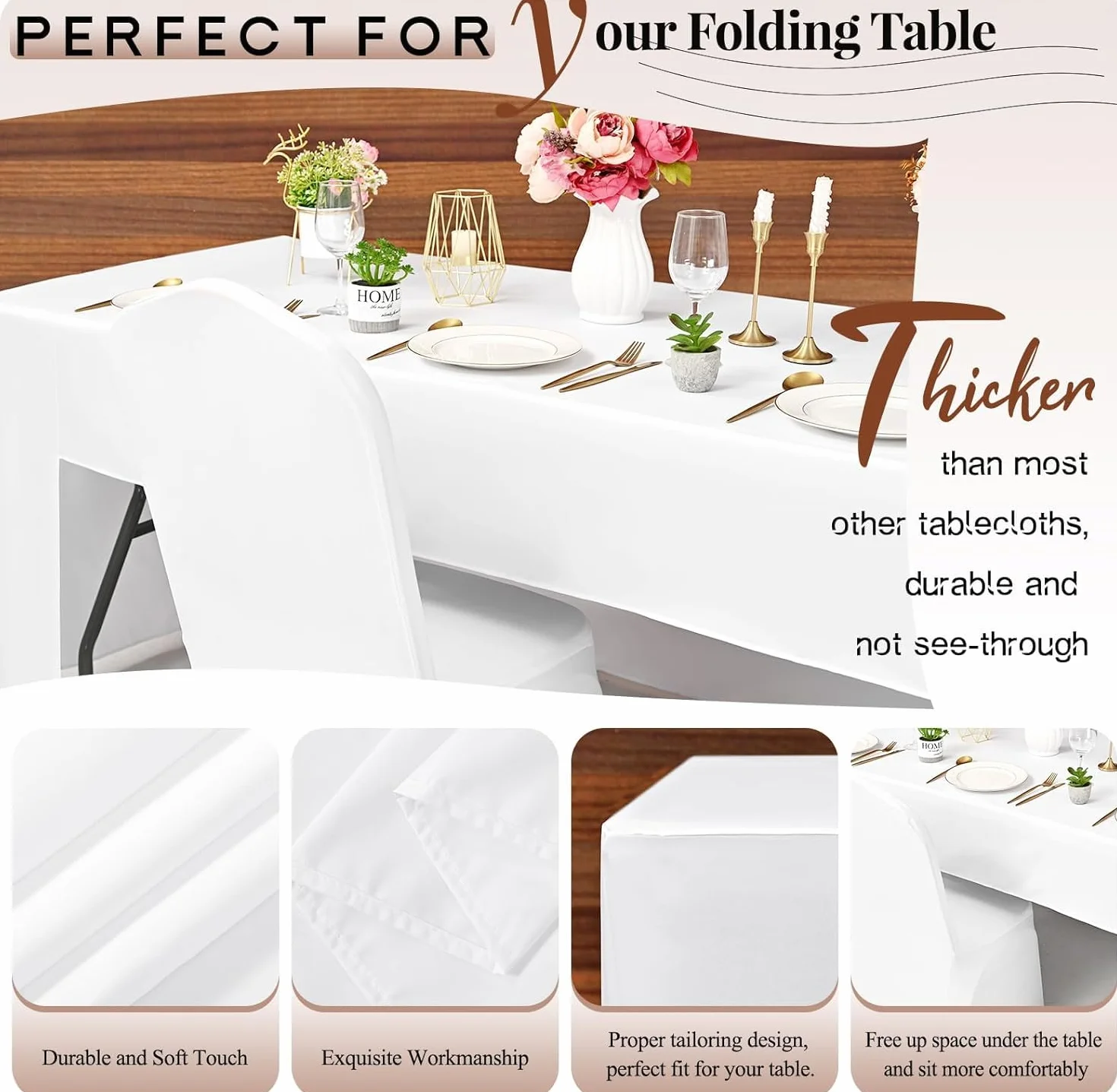 Teruntrue Paquete de 4 manteles ajustables para mesas rectangulares de 1,8 m, tela lavable, para ferias, ferias, fiestas, bodas, eventos, color blanco