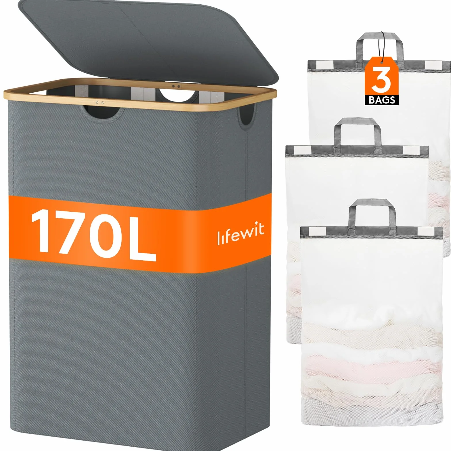 Lifewit 170L Cesto Ropa Sucia con Tapa, Grande Cesta para la Ropa Sucia con 3 Compartimientos y 3 Bolsas, Cubo Ropa Sucia para Dormitorio, Baño y Lavadero, Gris Claro