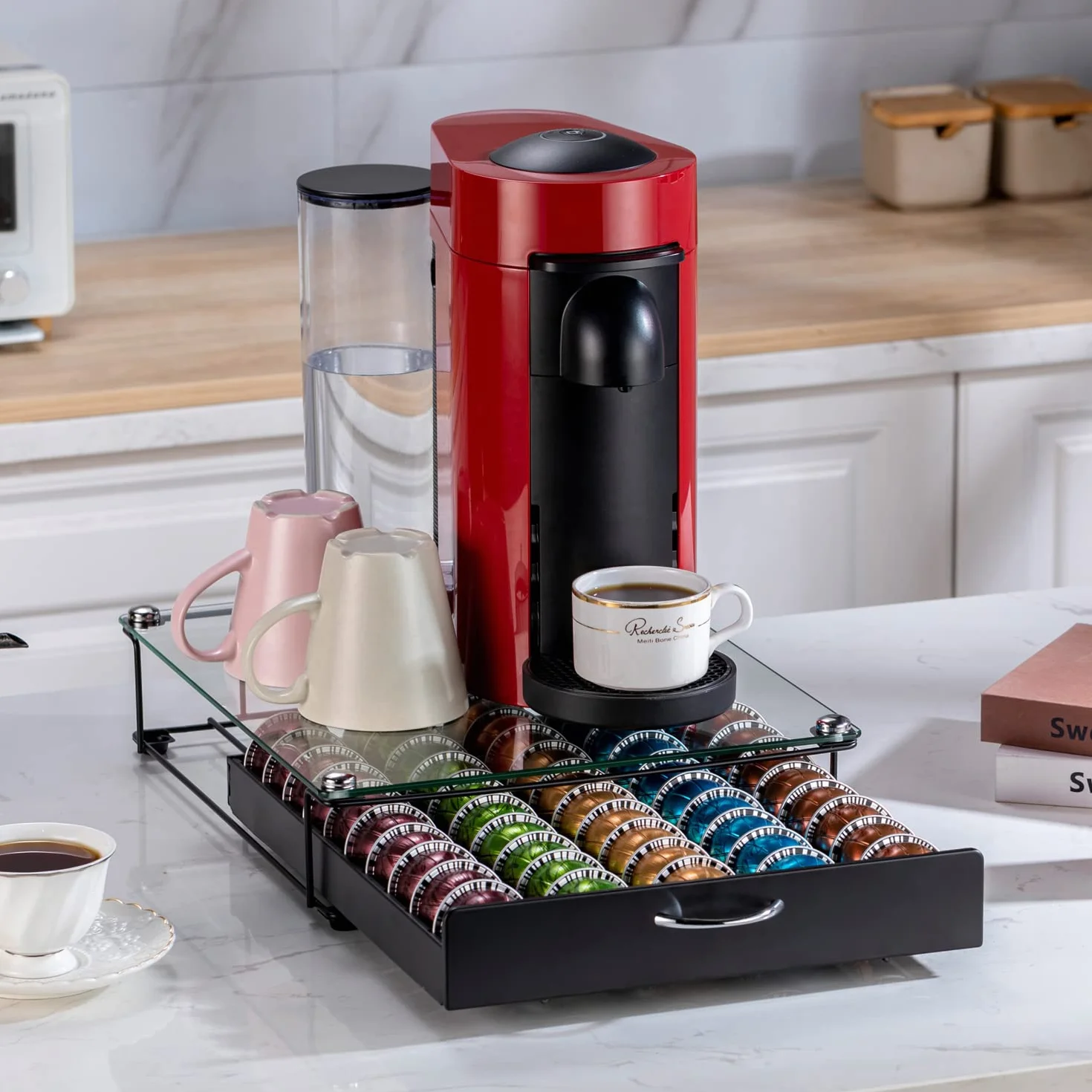Soporte para cápsulas FlagShip Vertuo, organizador de café Nespresso, placa de vidrio 50 cápsulas
