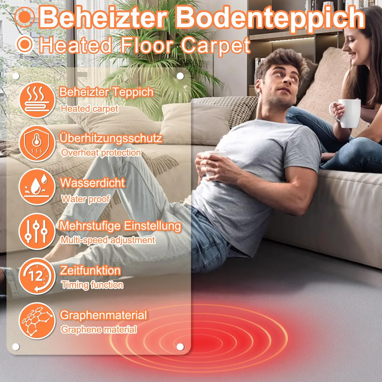 Alfombra con calefacción, alfombrilla eléctrica, temperatura ajustable en 60 niveles, temporizador de 12 horas, impermeable y antideslizante, para salón y dormitorio (700 W, 140 x 200 cm)