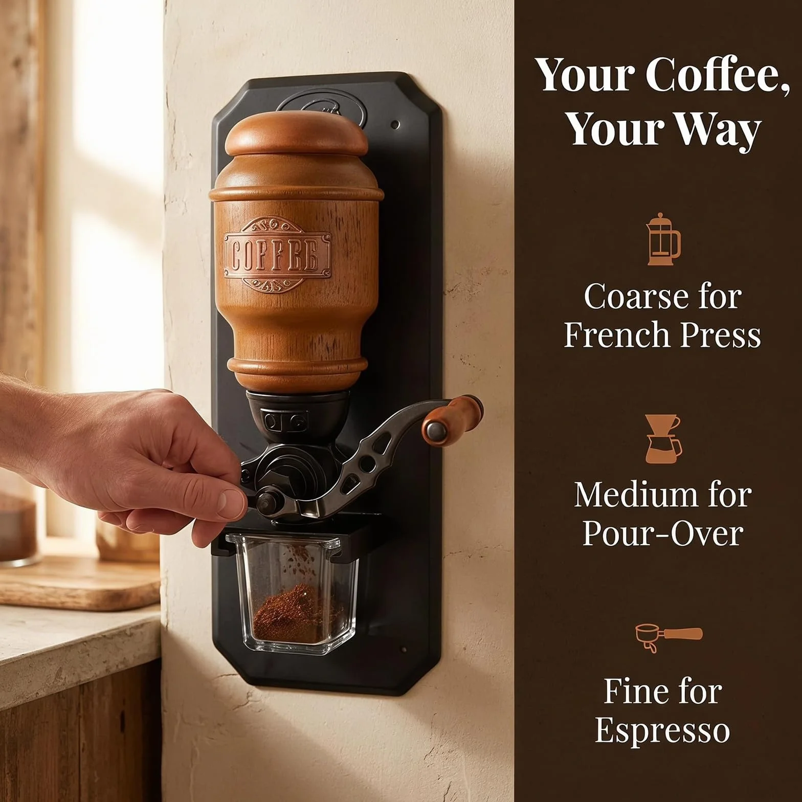 Molinillo de café manual de pared con manivela y muelas de hierro fundido | Diseño retro que ahorra espacio; capacidad de 20 g para granos y recipiente de vidrio para el café molido