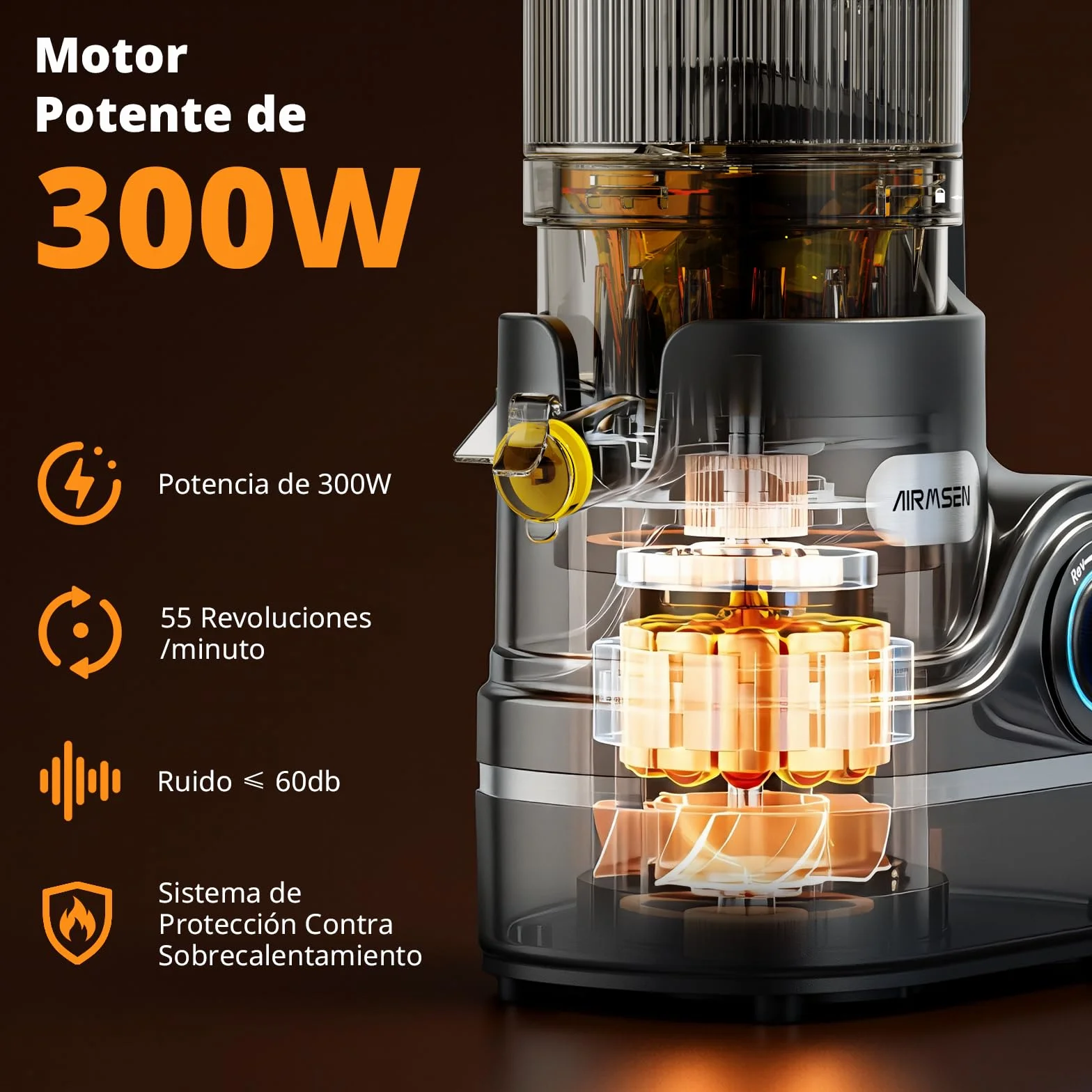 AIRMSEN Extractor de Zumos y Verduras 147MM Apertura Extractor, Capacidad de 2,1 L, Extractor de Jugo Prensado en Frío, Motor de 300 W, Licuadora Silenciosa y Eficiente, Fácil de Limpiar Negro
