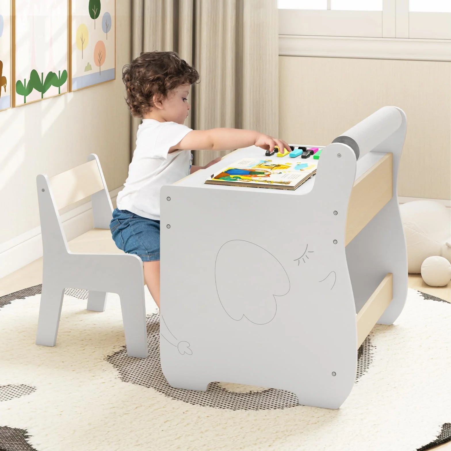 RELAX4LIFE Juego de mesa y silla 2 en 1 para niños, escritorio de madera con tablero extraíble de doble cara, amplio espacio de almacenamiento, diseño multifuncional para habitación de los niños