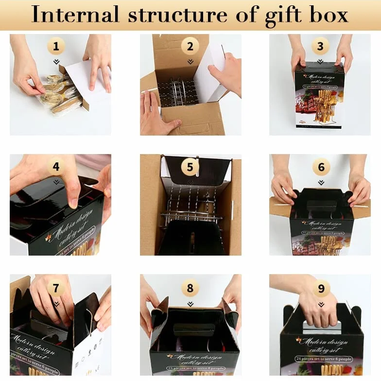Juego de Cubiertos de Acero Inoxidable, 24 Piezas, Caja de Regalo, Mango de Color de Lujo, Tenedor, Cuchara y Cuchillo. Apto para lavavajillas (Rojo Dorado).