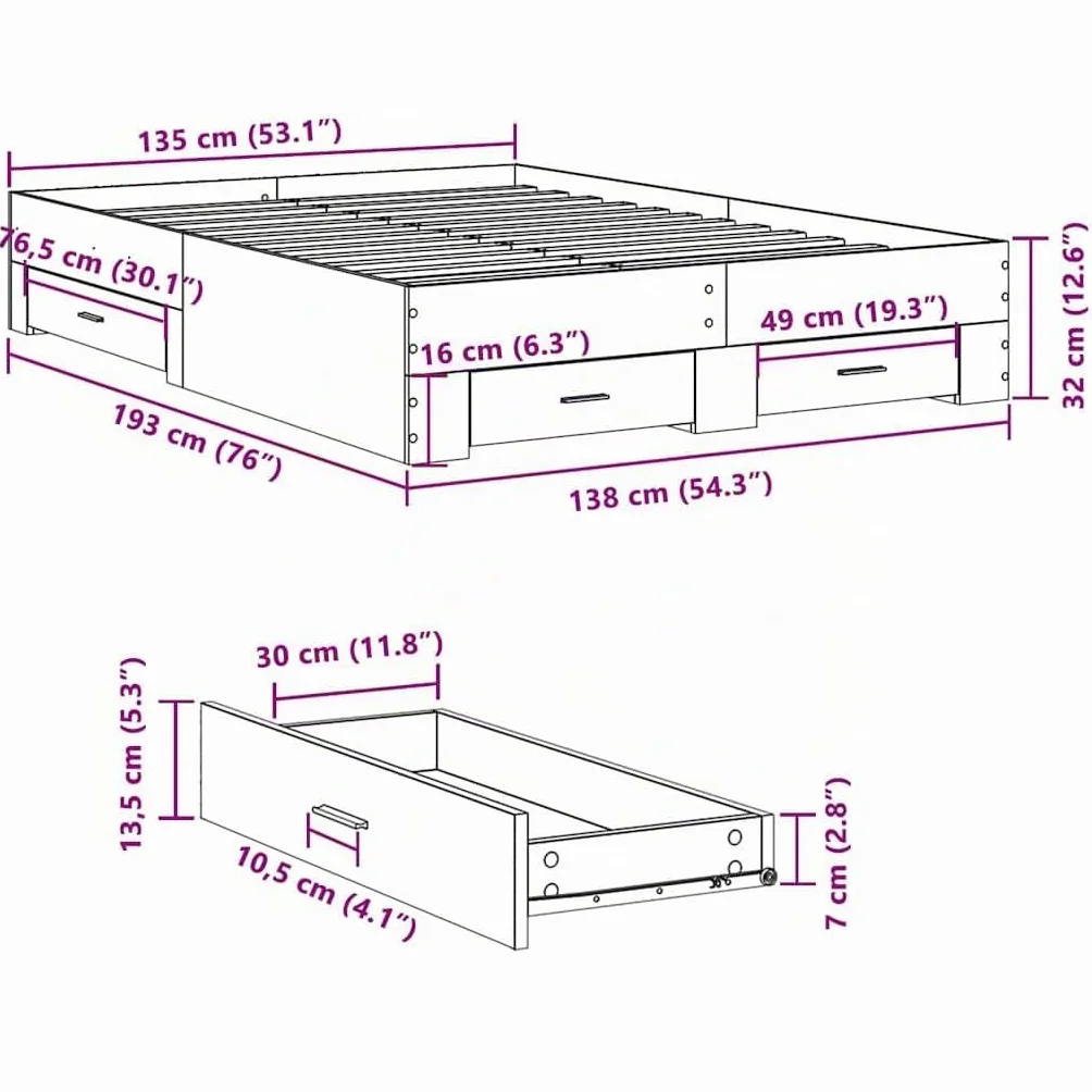 vidaXL Cama con Cajones, Somier Doble de Invitados, Estructura de Cama, Mueble para Dormitorio, Madera de Ingeniería Roble Sonoma 135x190 cm
