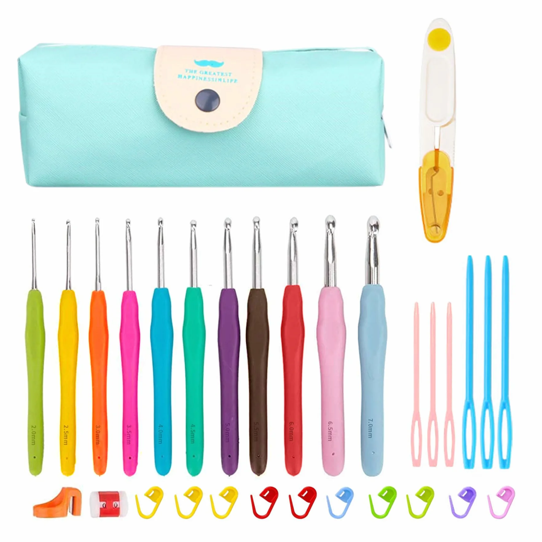 Samyuktha Kit de 31 piezas de ganchillo, agujas de ganchillo de tamaño completo, kit de herramientas de costura, con 11 ganchos de ganchillo coloridos de agarre suave de 2 a 8 mm, tijeras, cinta